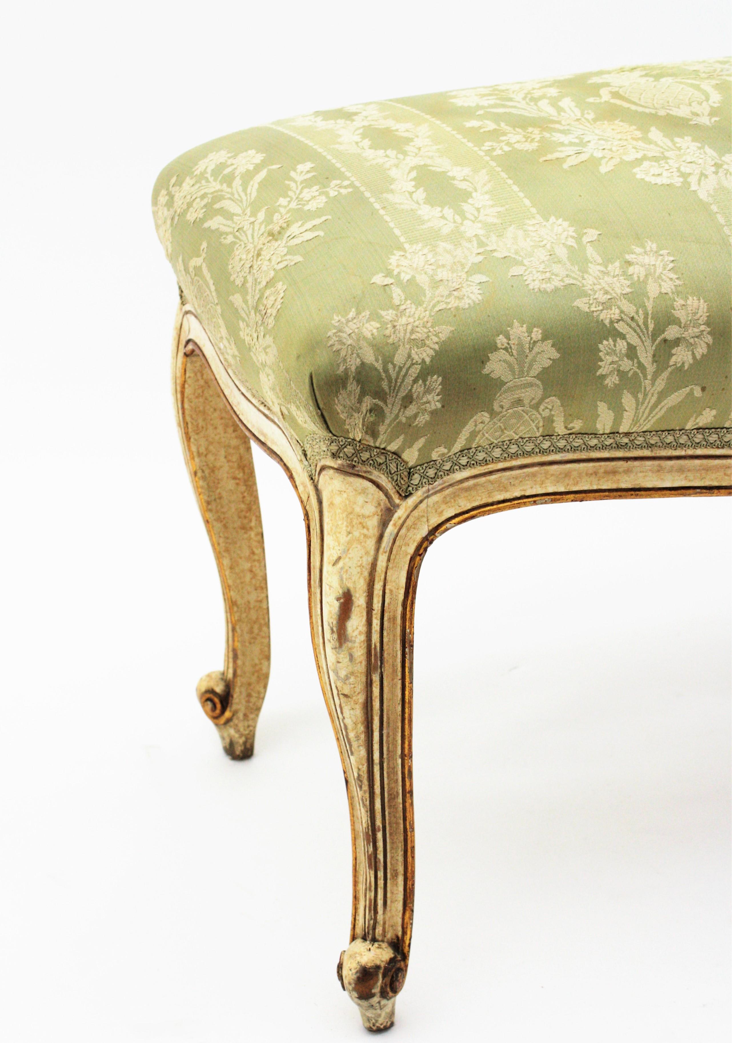 French Louis XV Style Parcel-Gilt Carved Wood Ivory Painted Bench / Stool 4