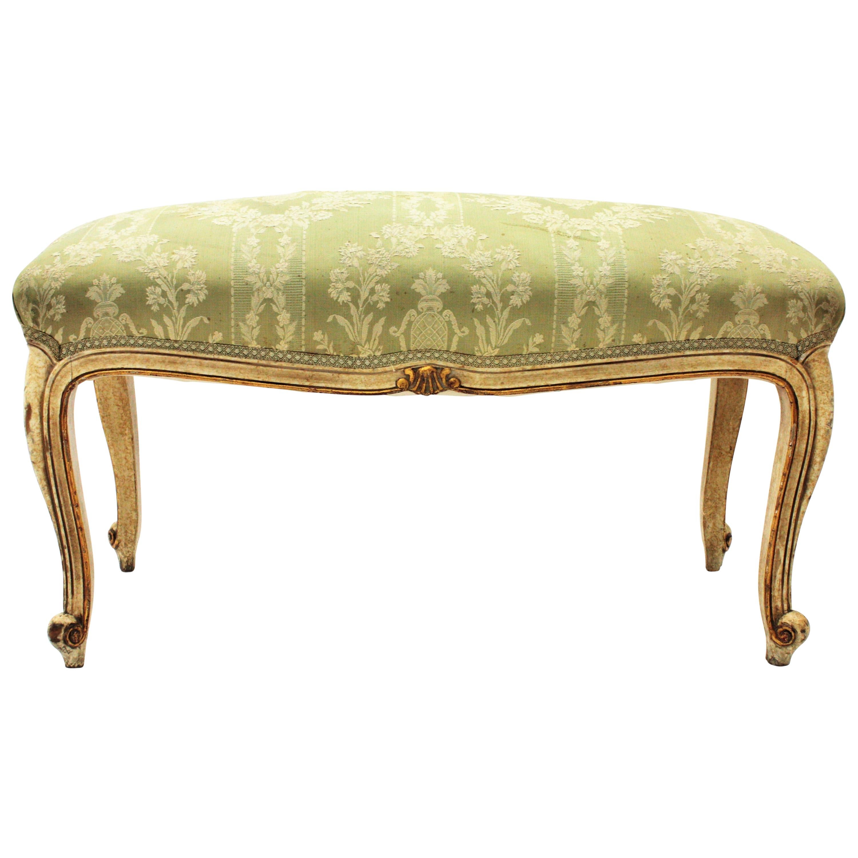 French Louis XV Style Parcel-Gilt Carved Wood Ivory Painted Bench / Stool