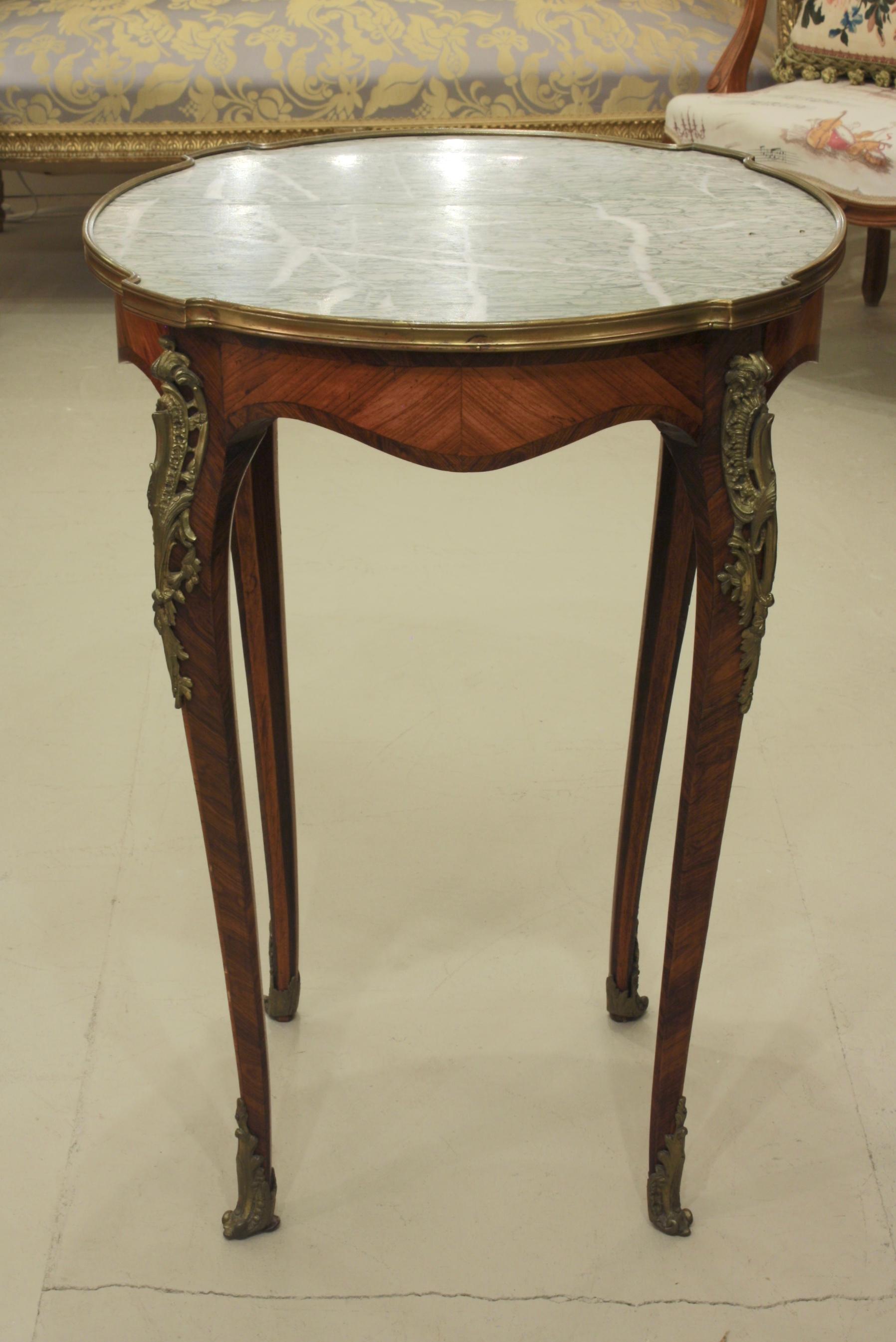 Gilt French Louis XV Style Parquetry Gueridon Stand with Marble Top For Sale