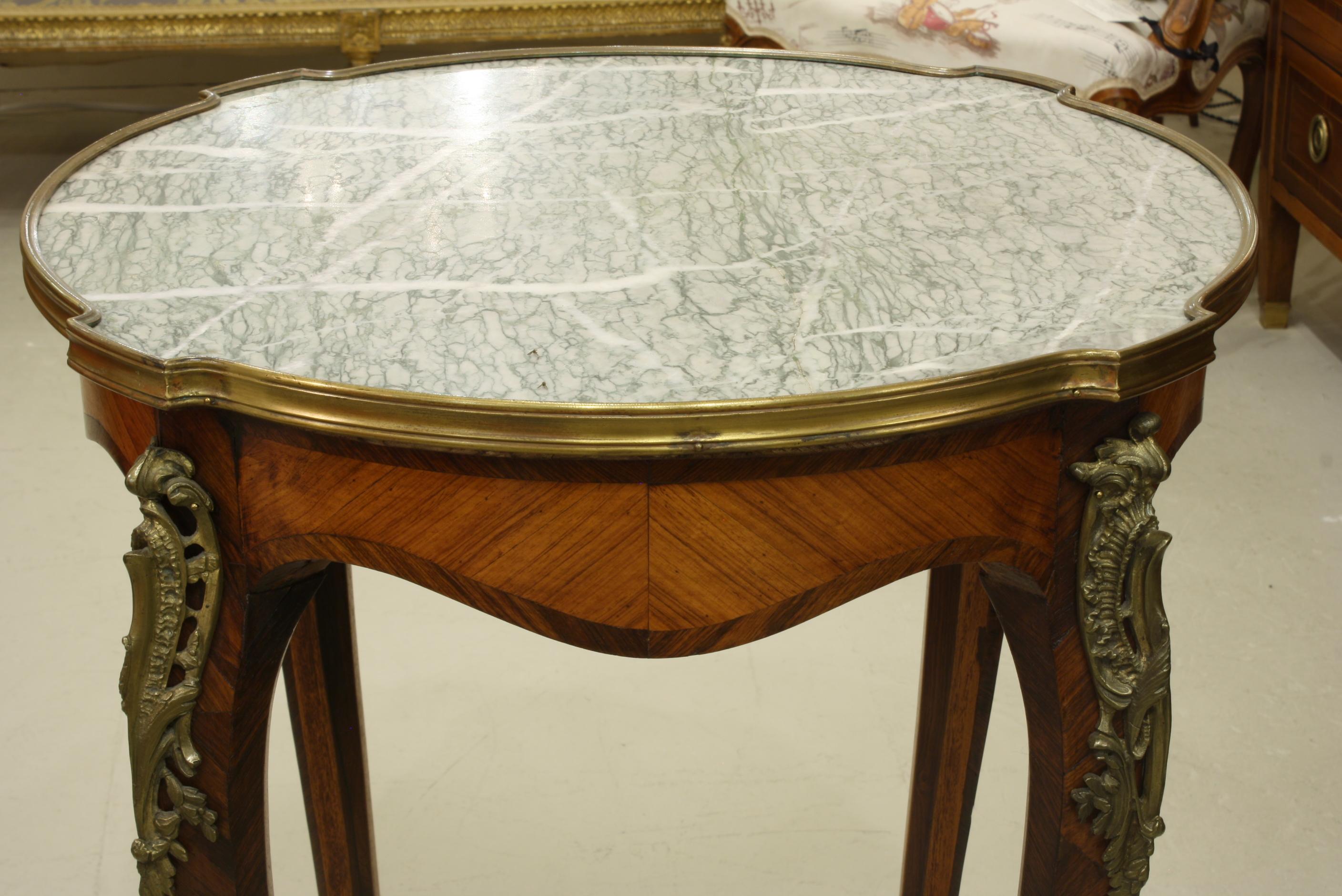 Kingwood French Louis XV Style Parquetry Gueridon Stand with Marble Top For Sale