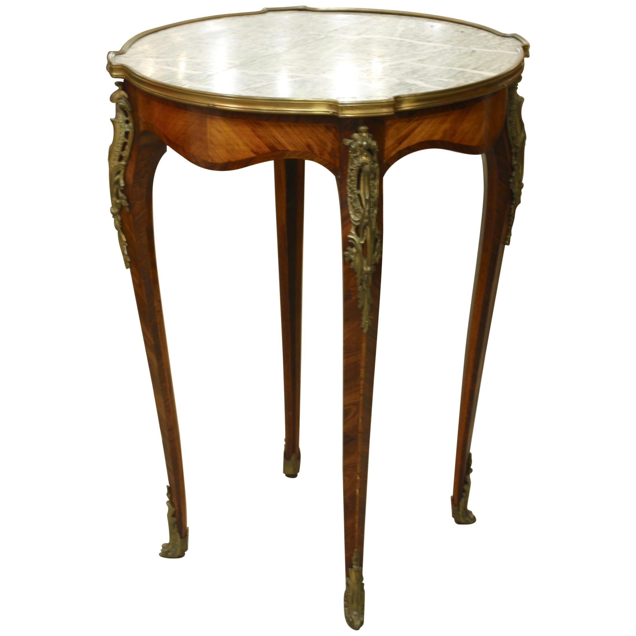 French Louis XV Style Parquetry Gueridon Stand with Marble Top For Sale
