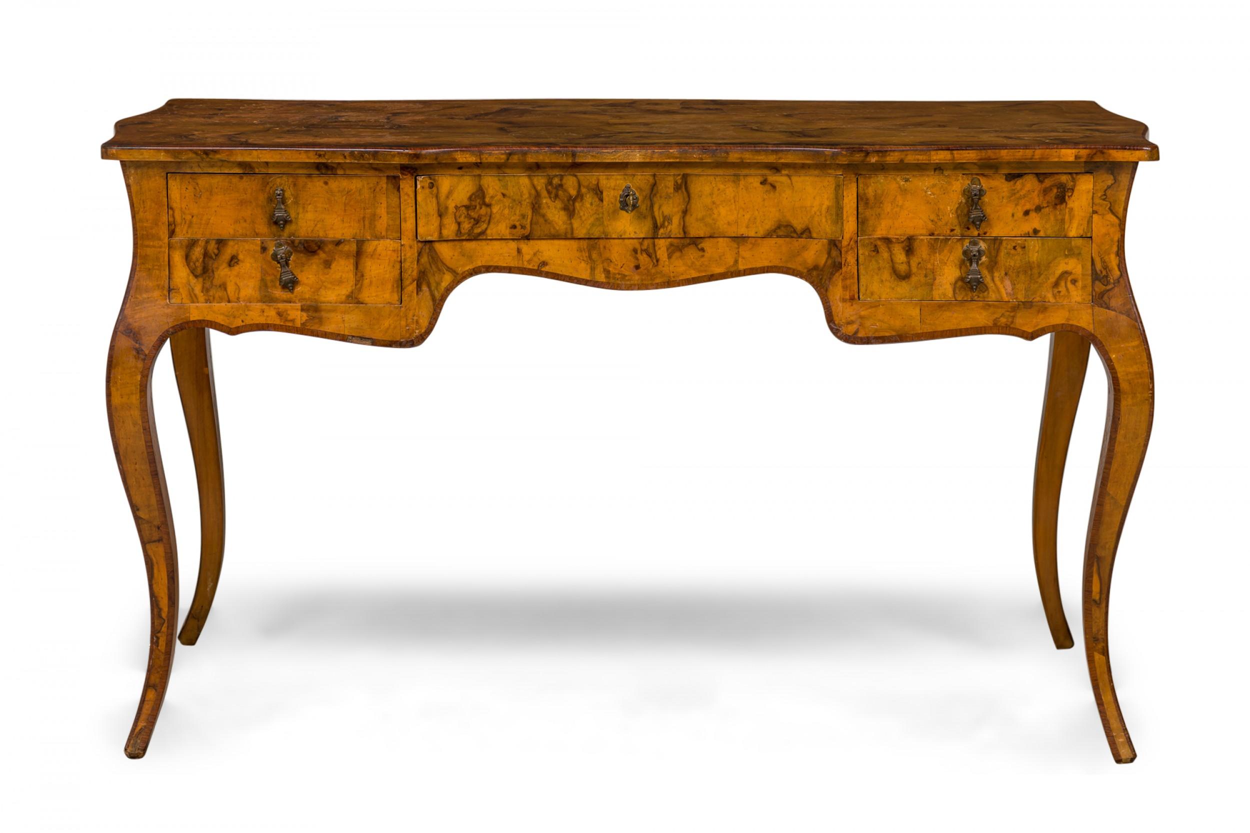 French Louis XV-Style desk with a burlwood patchwork veneer desk with triangular bronze drawer pulls and a central locking drawer, resting on cabriole legs.
