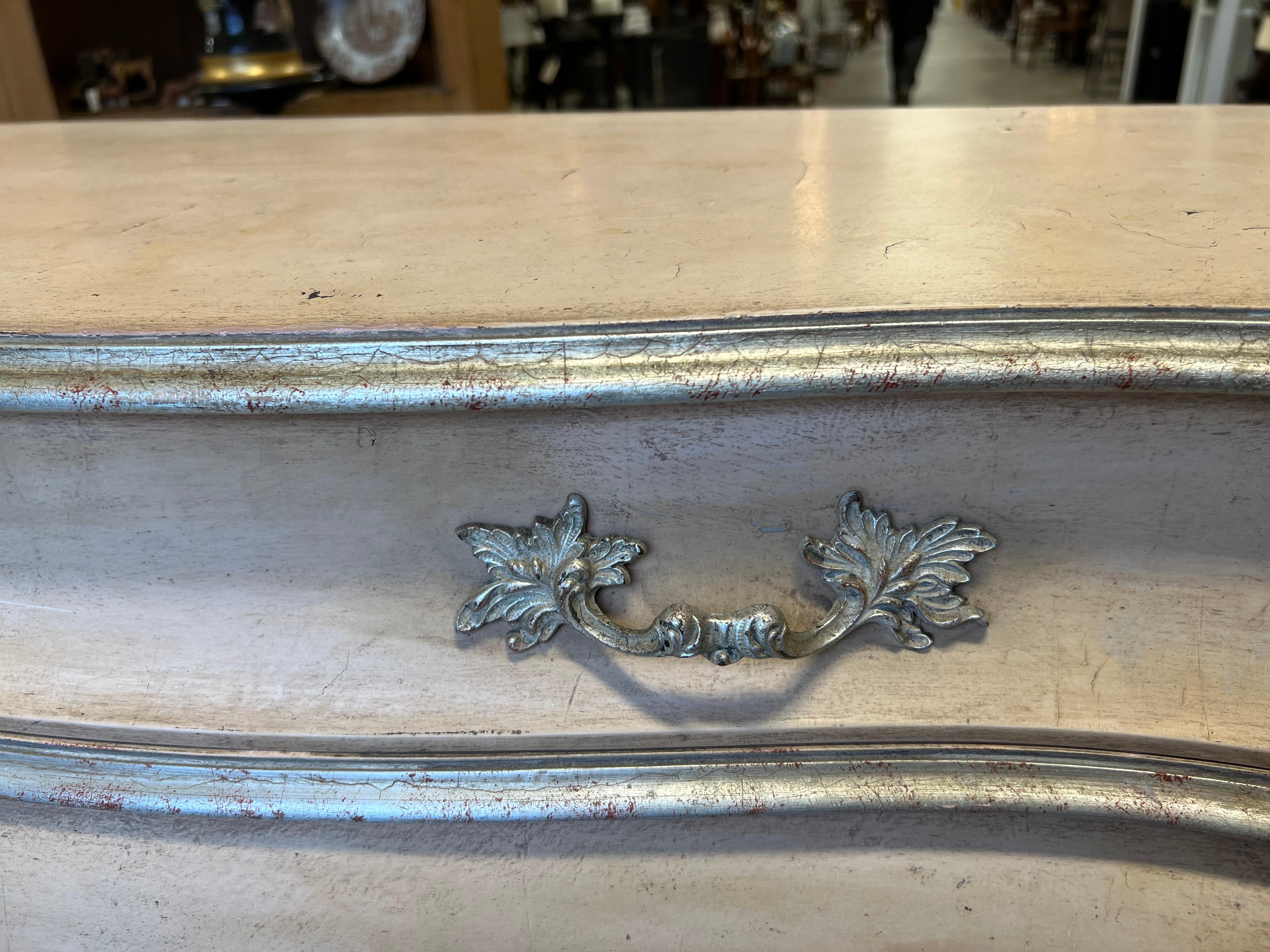 French Louis XV Style Pink Blush & Silver Gilt Serpentine Bombay Chest / Commode For Sale 5
