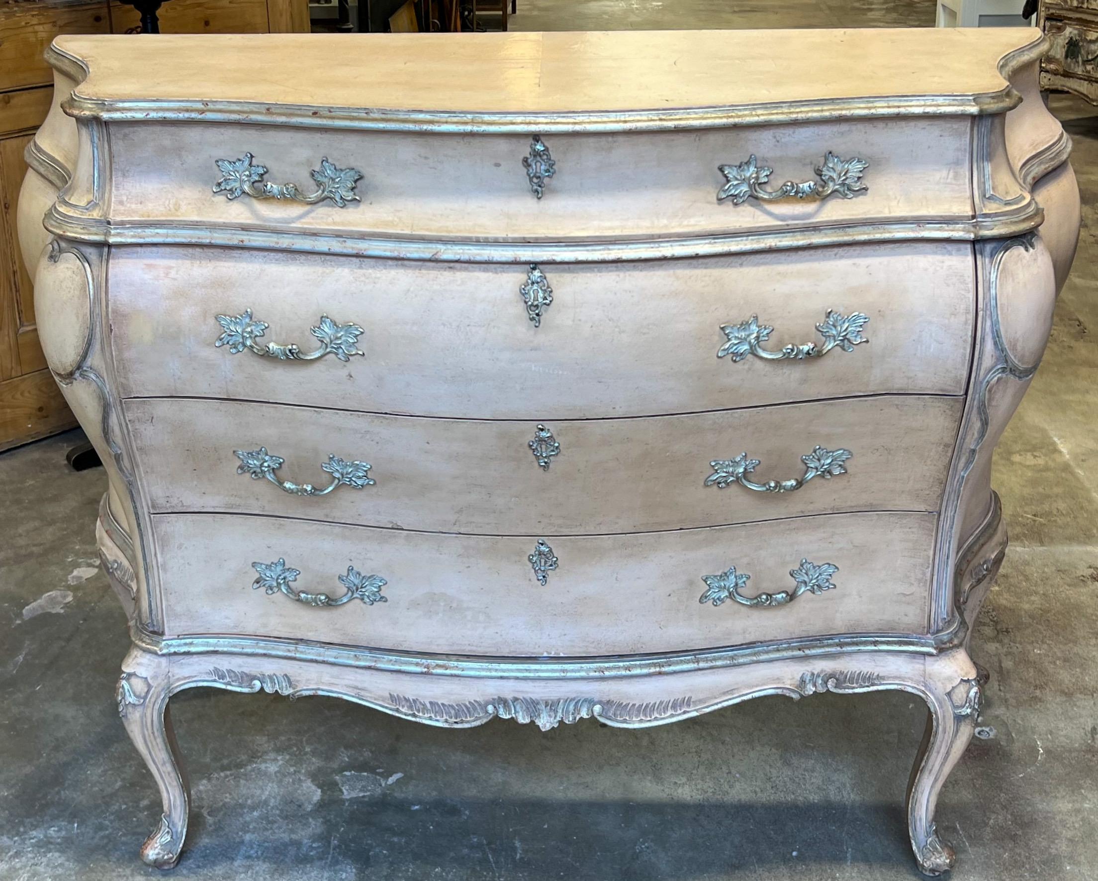 20th Century French Louis XV Style Pink Blush & Silver Gilt Serpentine Bombay Chest / Commode For Sale