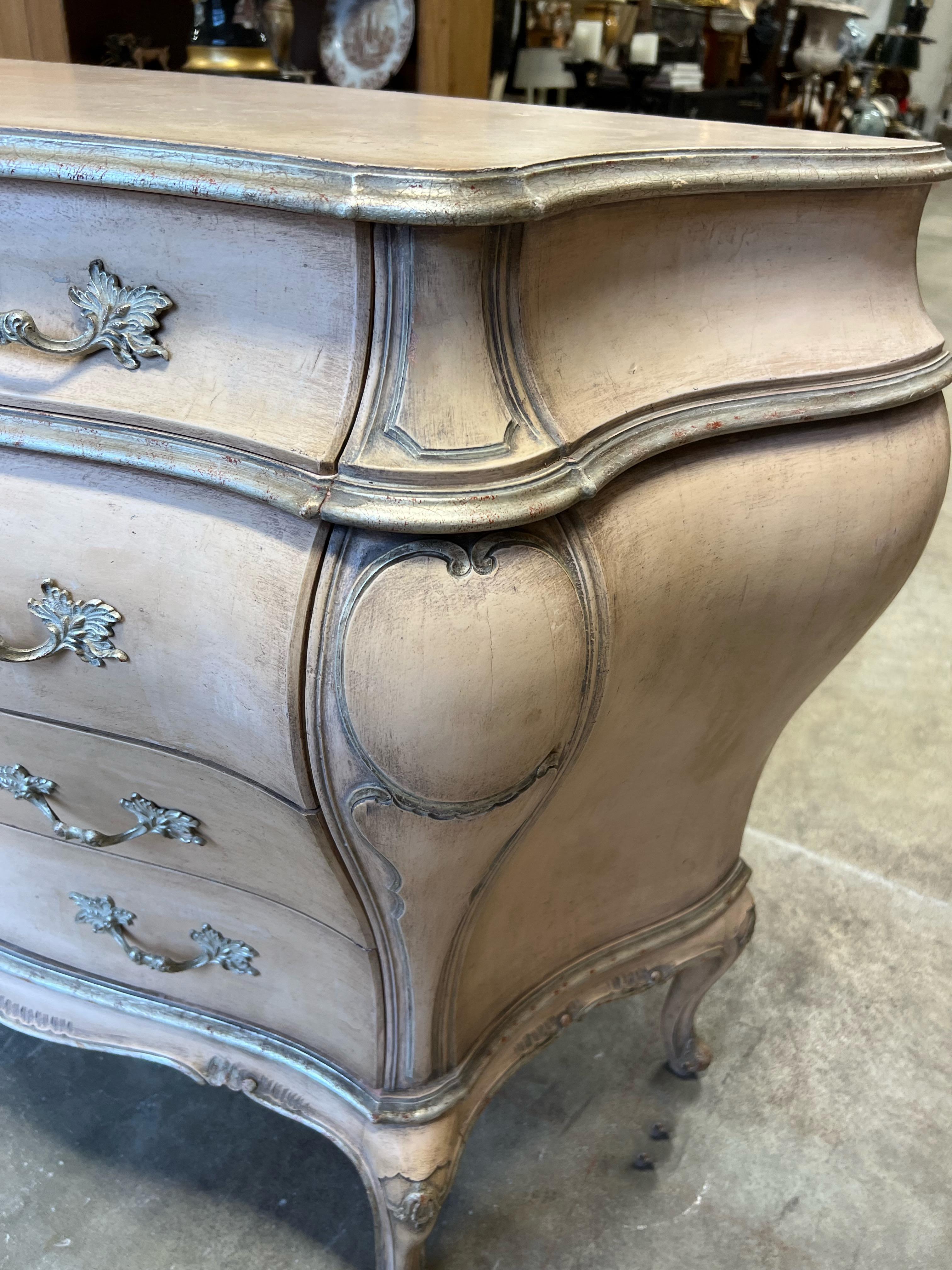 French Louis XV Style Pink Blush & Silver Gilt Serpentine Bombay Chest / Commode For Sale 2