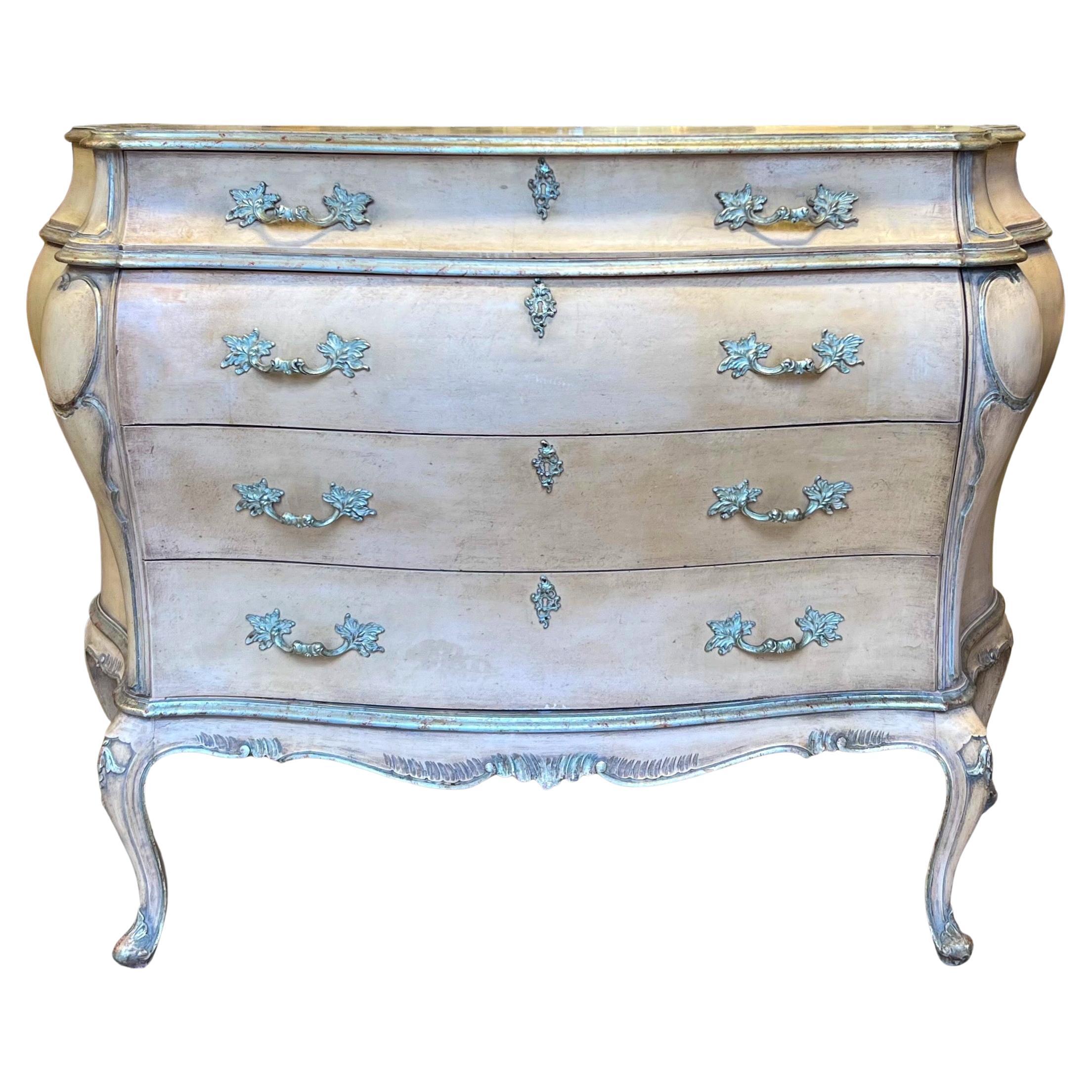 French Louis XV Style Pink Blush & Silver Gilt Serpentine Bombay Chest / Commode For Sale