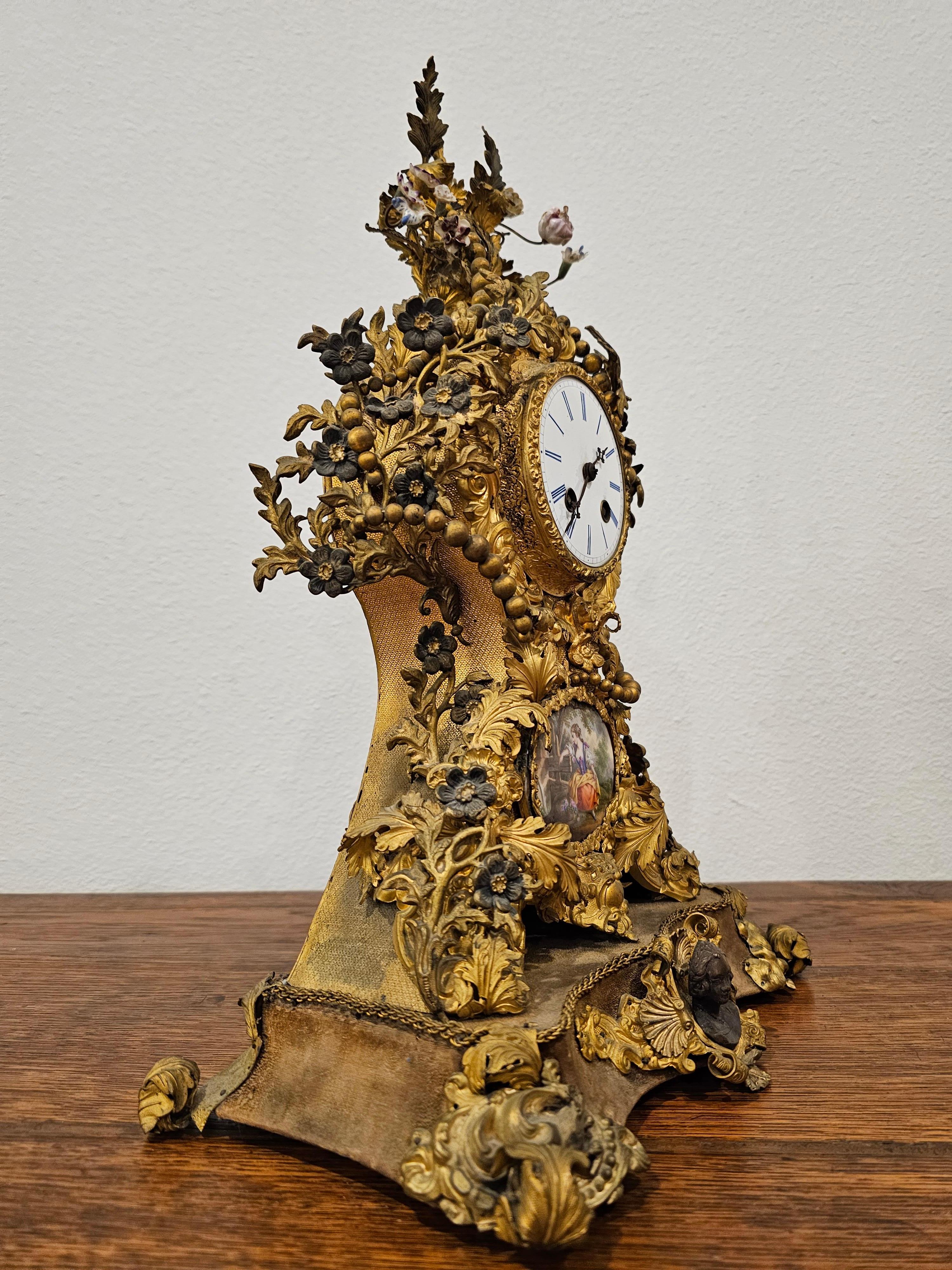 French Louis XV Style Porcelain Gilt Mixed Metal Mantel Clock For Sale 9