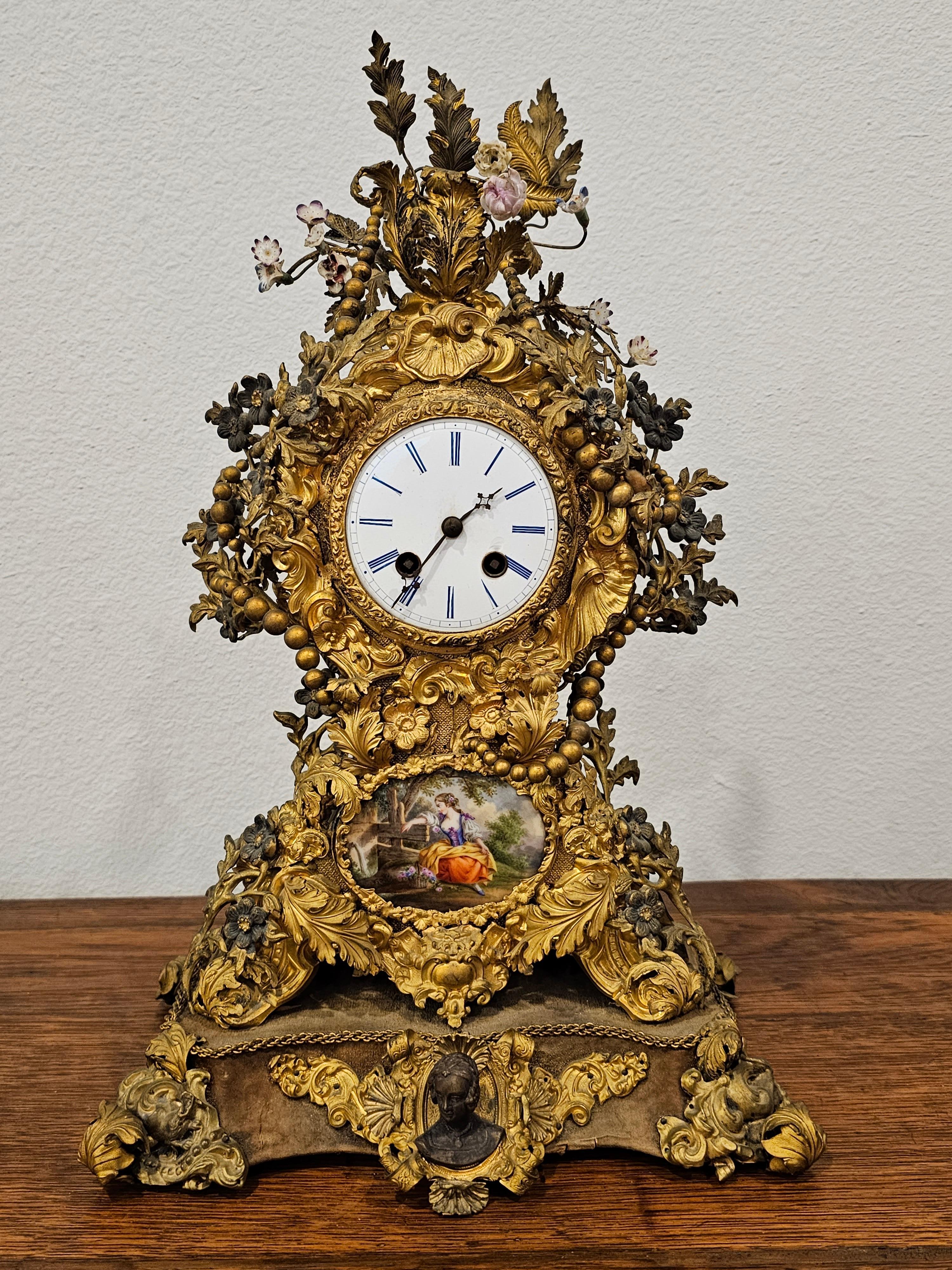 French Louis XV Style Porcelain Gilt Mixed Metal Mantel Clock For Sale 16