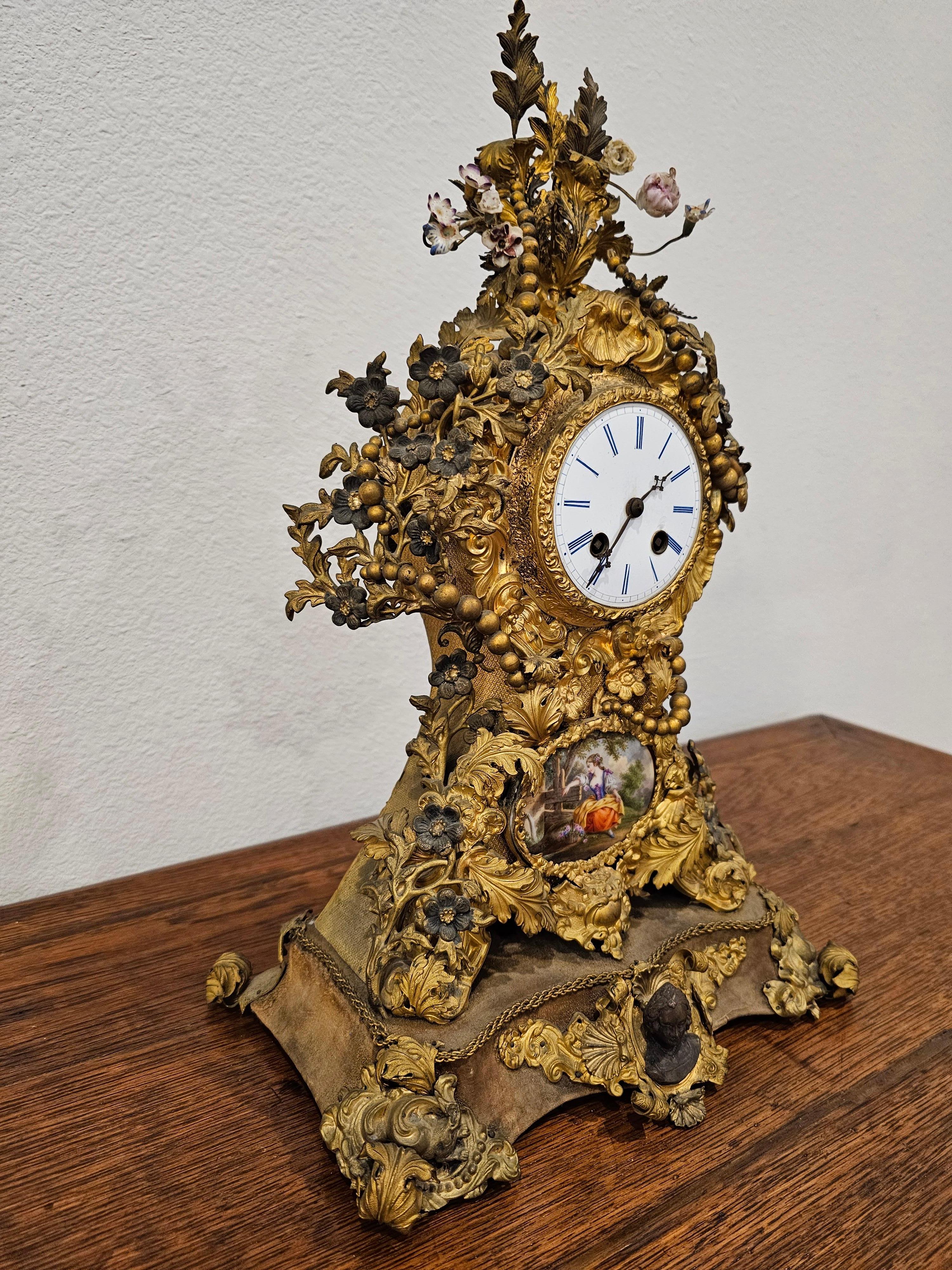 19th Century French Louis XV Style Porcelain Gilt Mixed Metal Mantel Clock For Sale