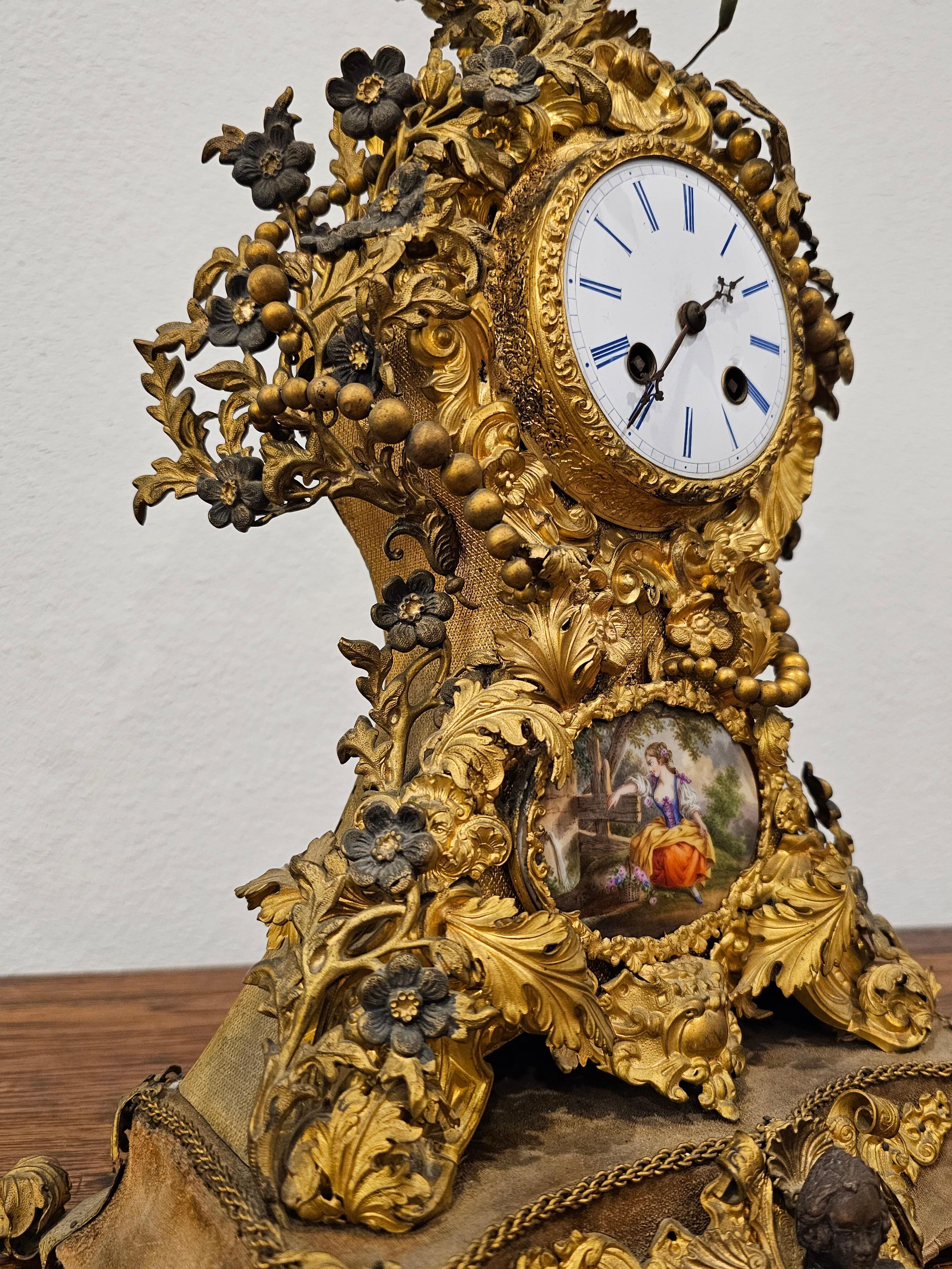 French Louis XV Style Porcelain Gilt Mixed Metal Mantel Clock For Sale 2
