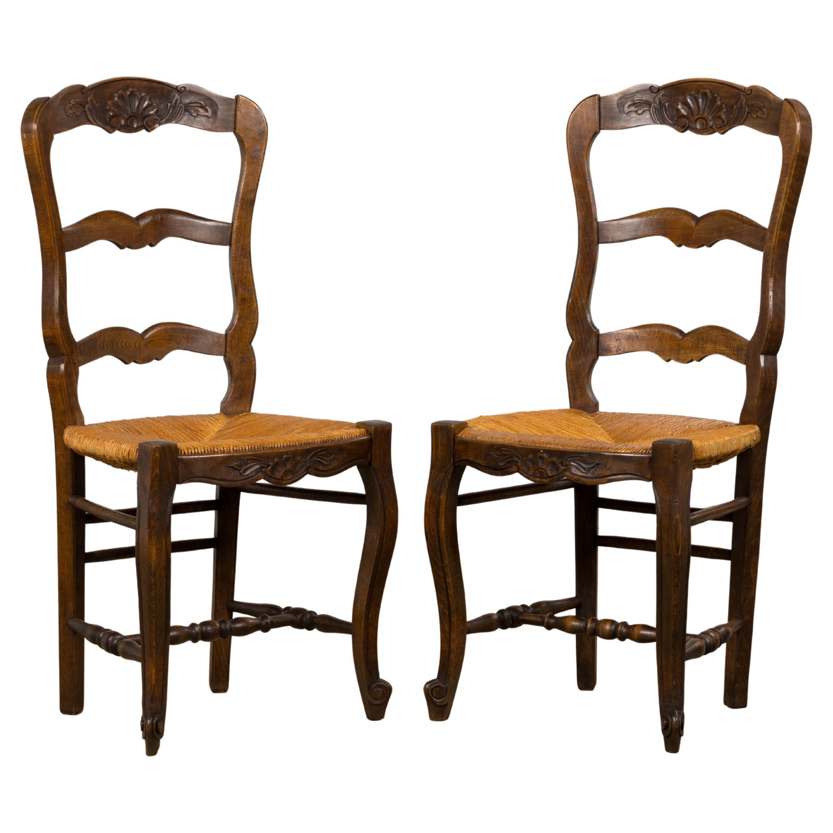 French Louis XV Style Provincial Maple Side Chairs W/ Rush Seats - A Pair