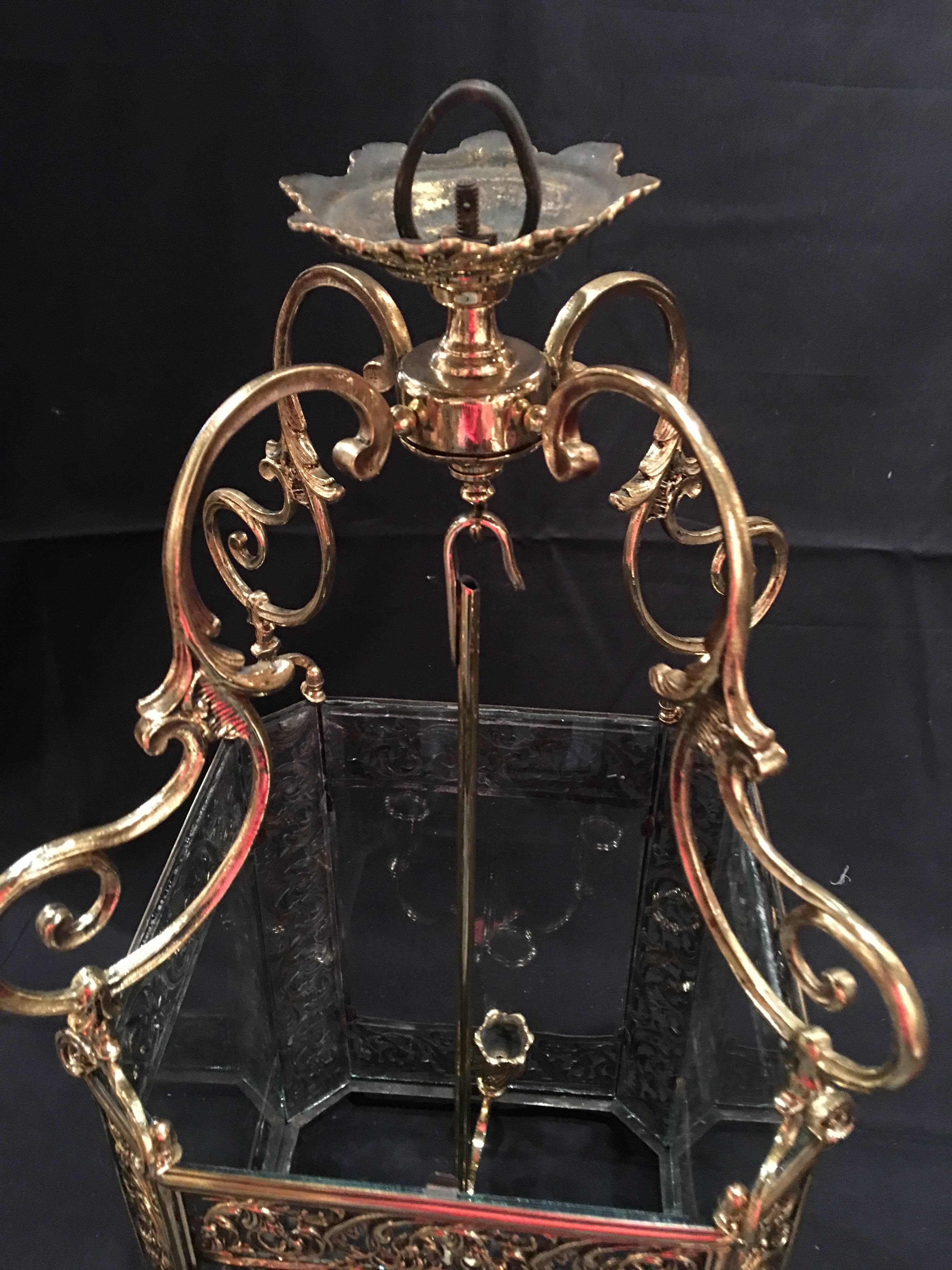 French Louis XV Style Reticulated Brass Three Light Lantern, 19th Century In Good Condition In Savannah, GA