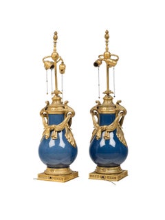 French Louis XV style Robins Egg Blue Porcelain and Gilt Bronze Lamps