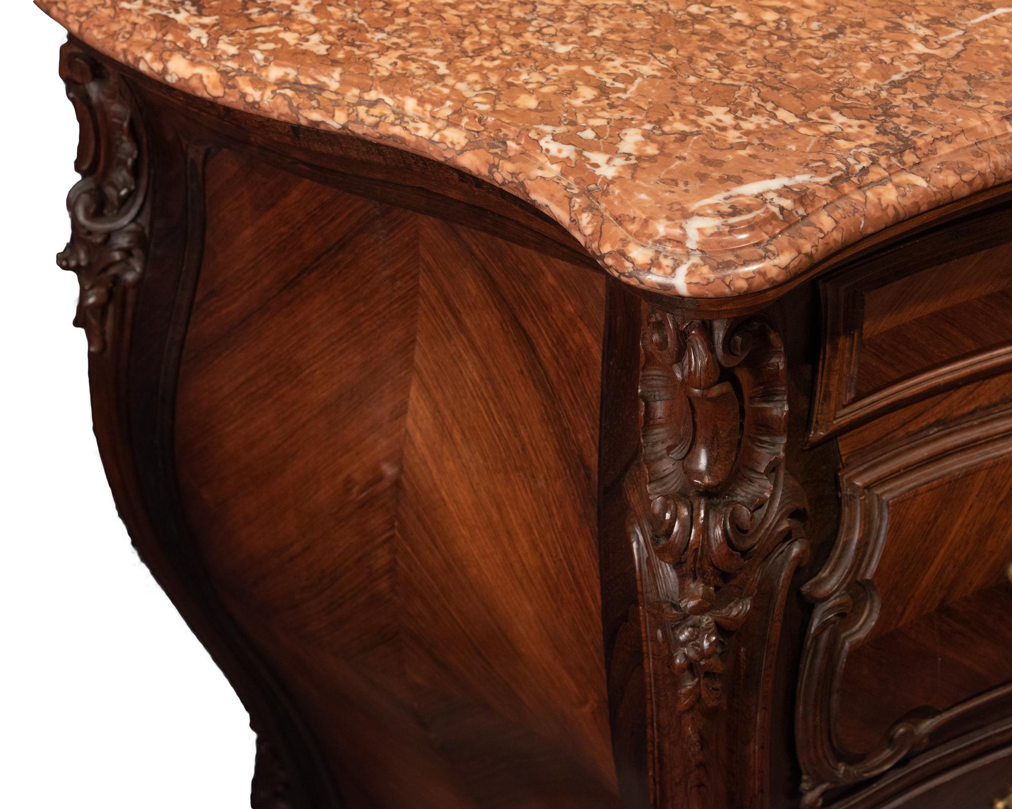 19th Century French Louis XV Style Rosewood Bombé Commode with Marble Top For Sale
