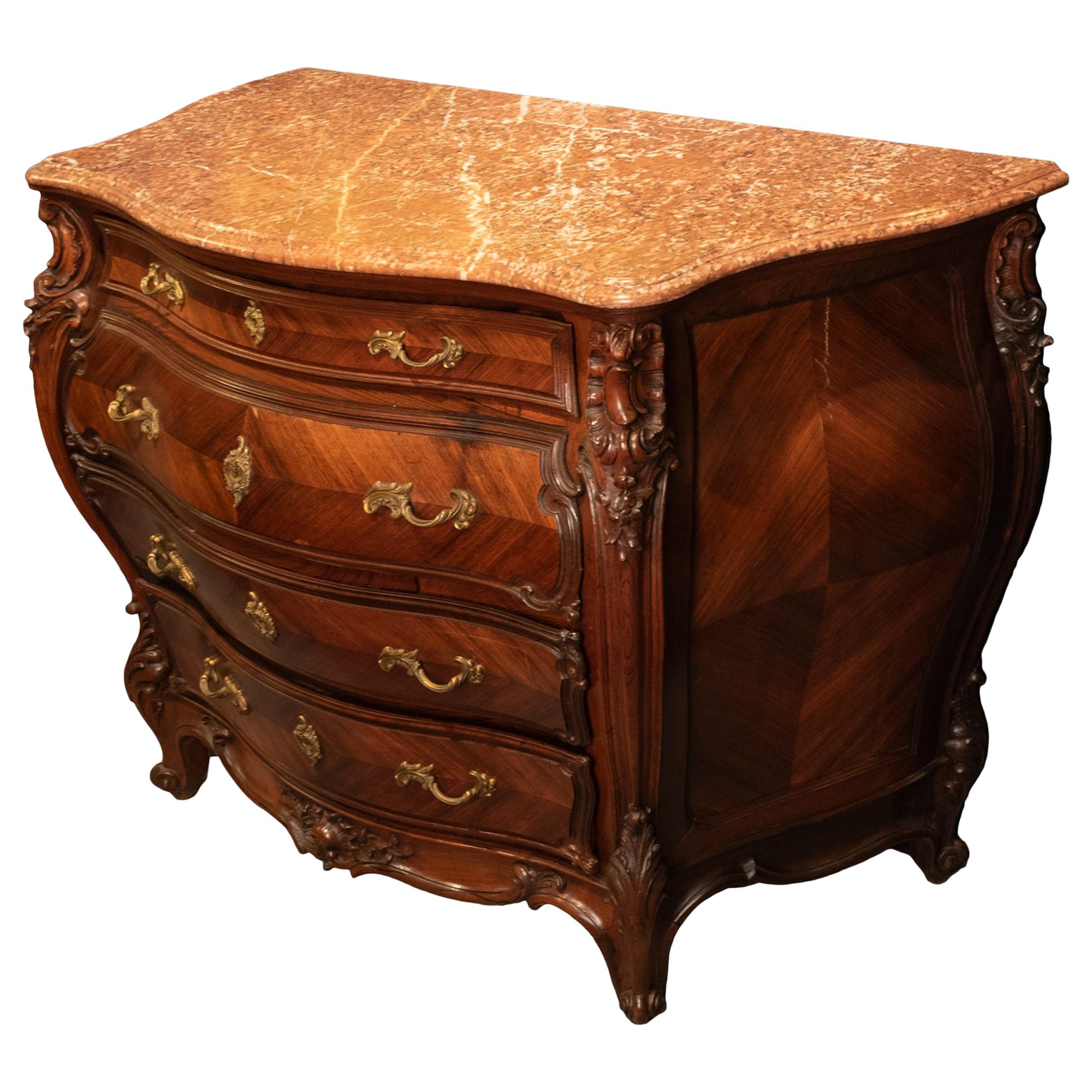 French Louis XV Style Rosewood Bombé Commode with Marble Top For Sale