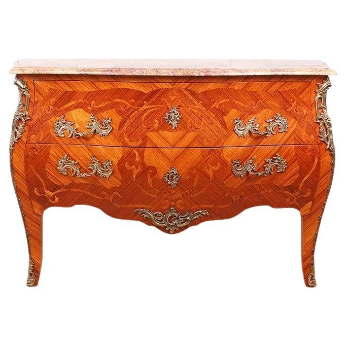 French Louis XV Style Rosewood Marquetry Commode For Sale