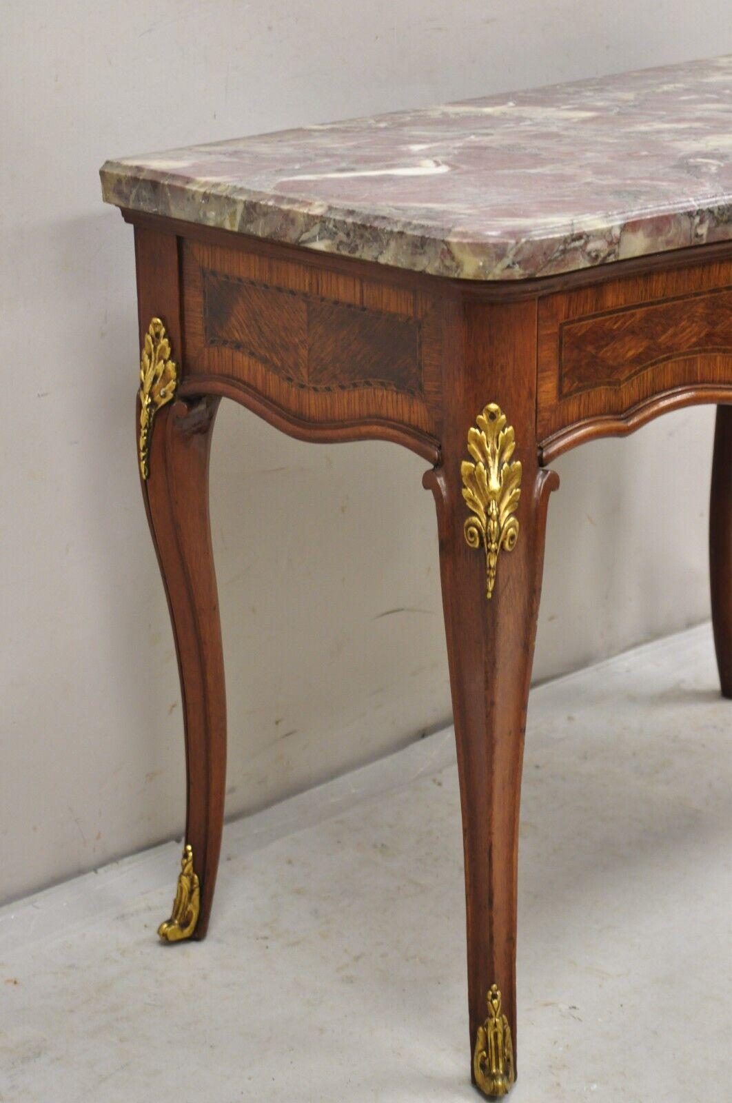 French Louis XV Style Rouge Marble Top Low Console Side Table with Drawer 5
