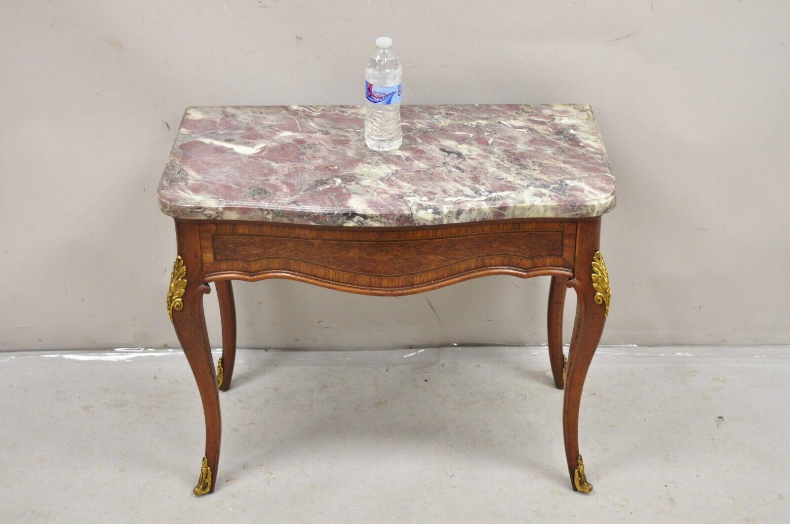 Vintage French Louis XV Style Rouge Marble Top Low Console Side Table with Drawer. Item features a shaped marble top with purple accents, single dovetailed drawer, shapely cabriole legs, bronze ormolu, very unique low console table. Circa 1920s.