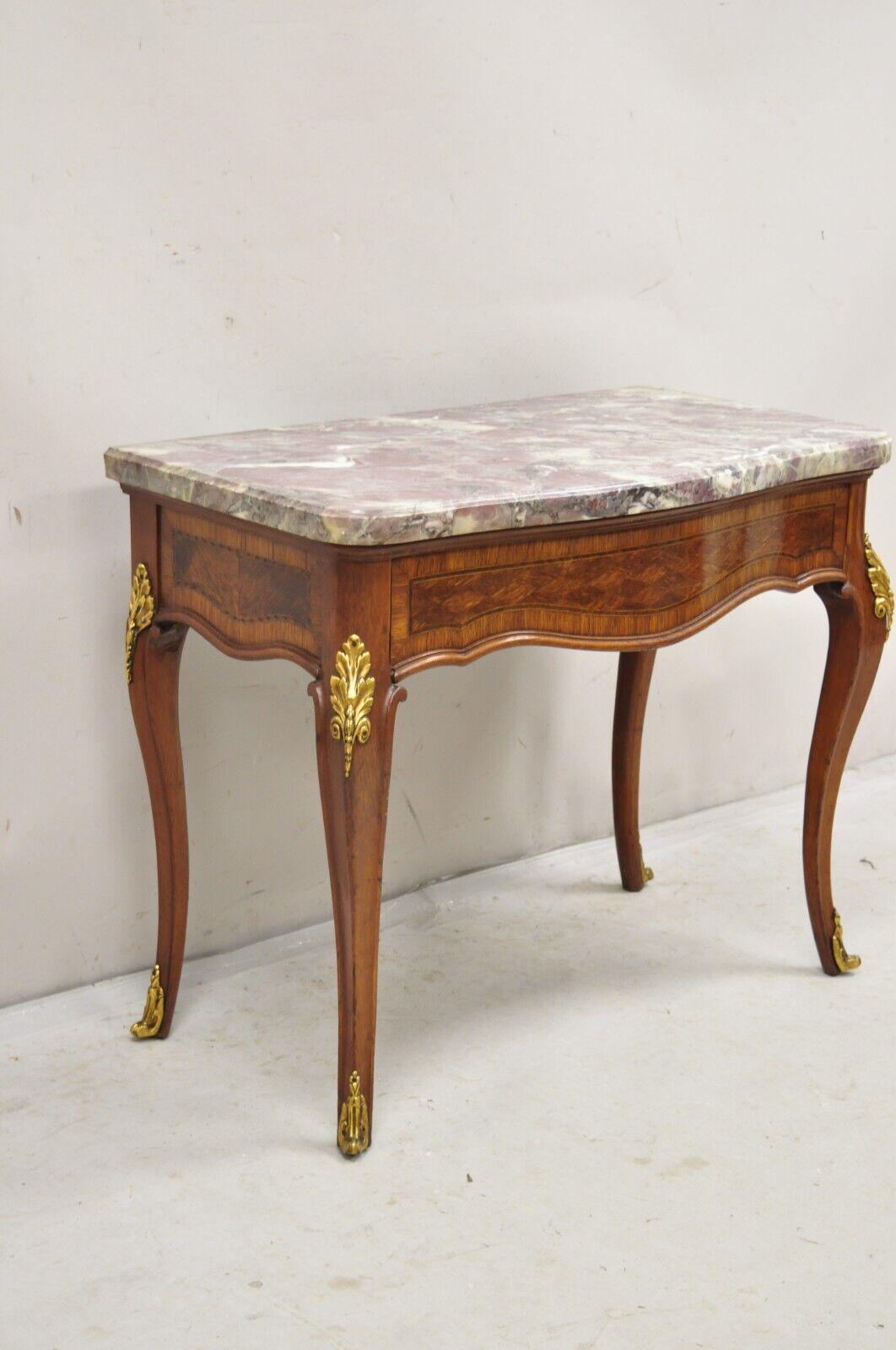 French Louis XV Style Rouge Marble Top Low Console Side Table with Drawer 4