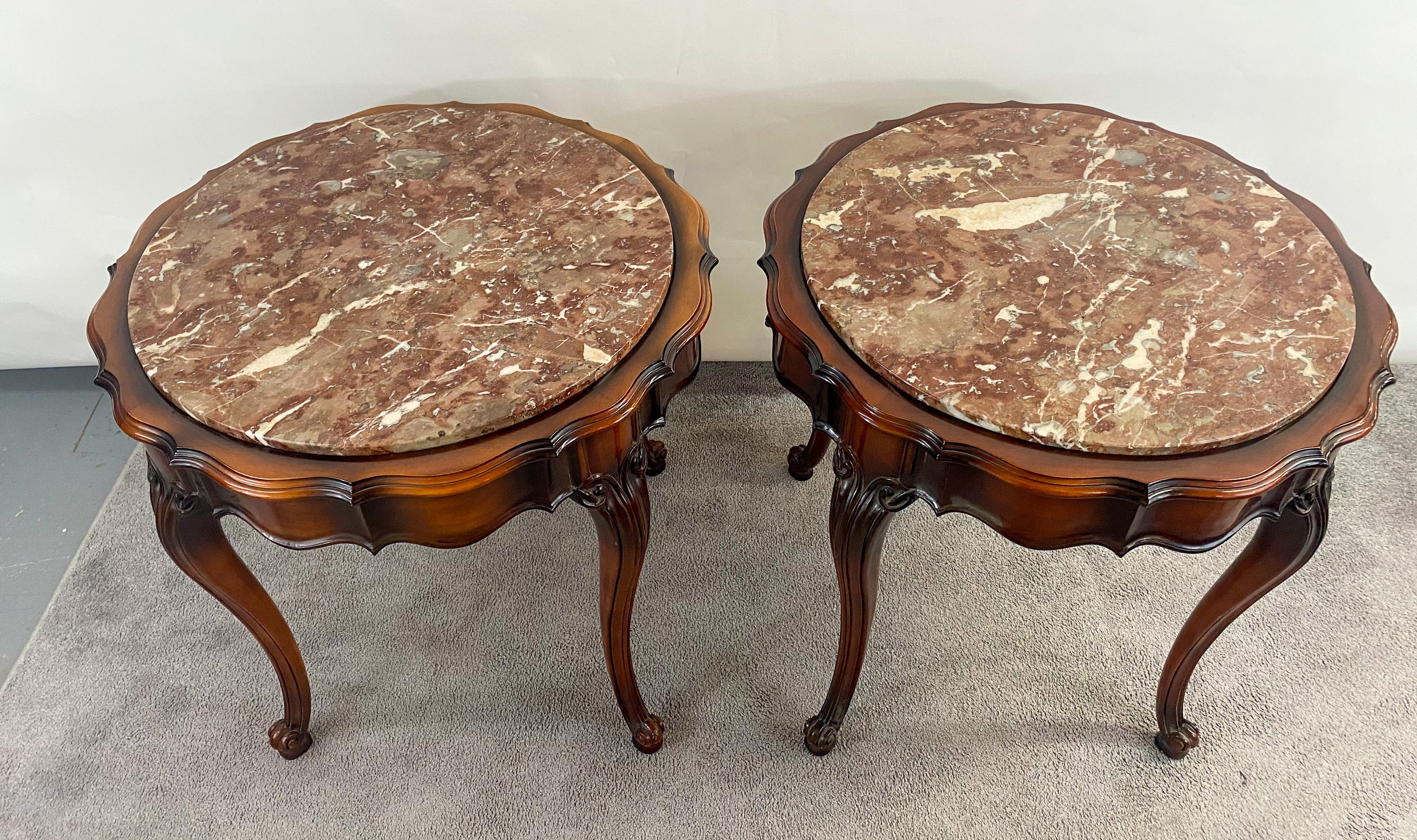 French Louis XV Style Round Mahogany and Marble Top End or Side Table, a Pair In Good Condition In Plainview, NY