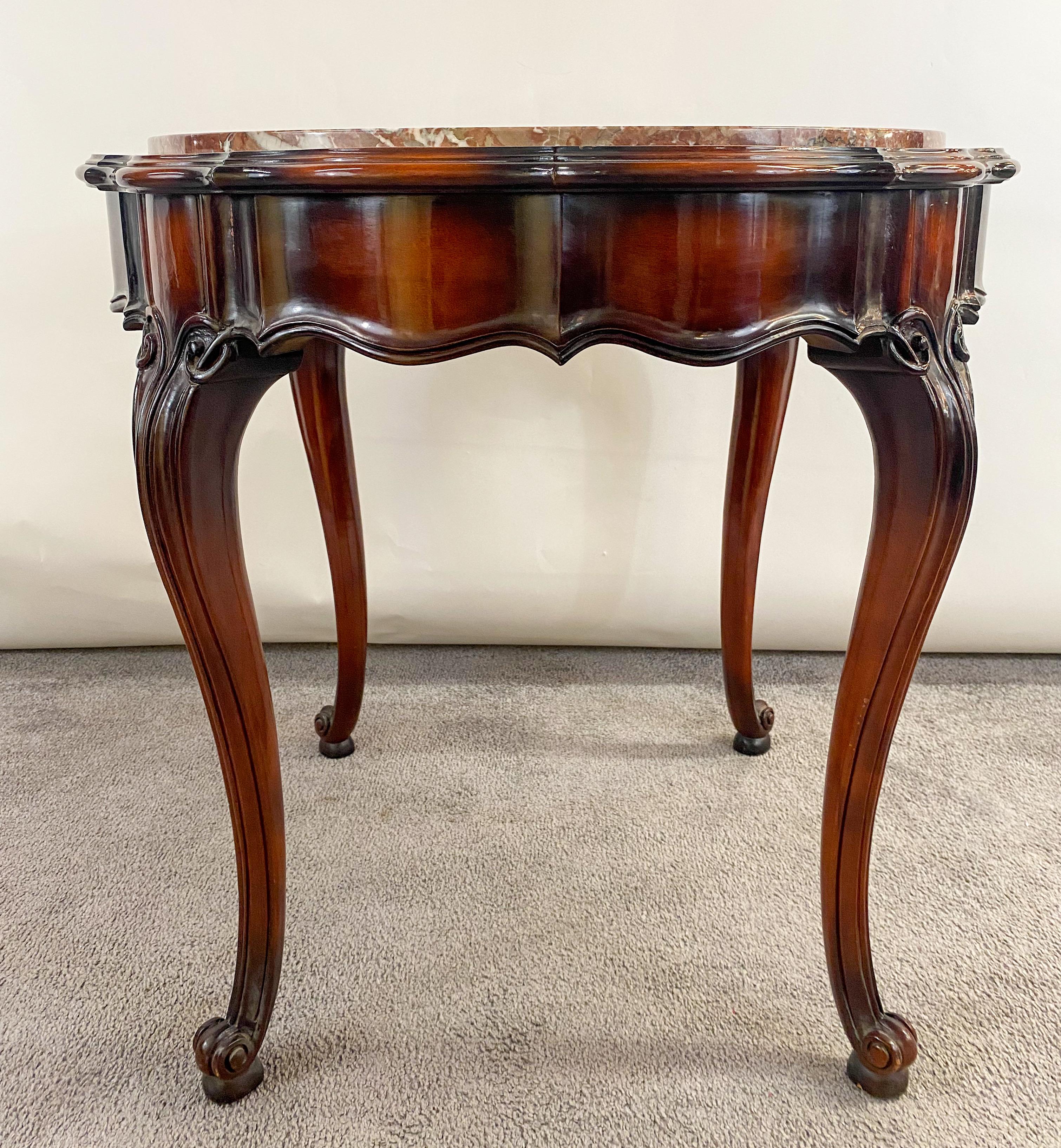 French Louis XV Style Round Mahogany and Marble Top End or Side Table, a Pair 1