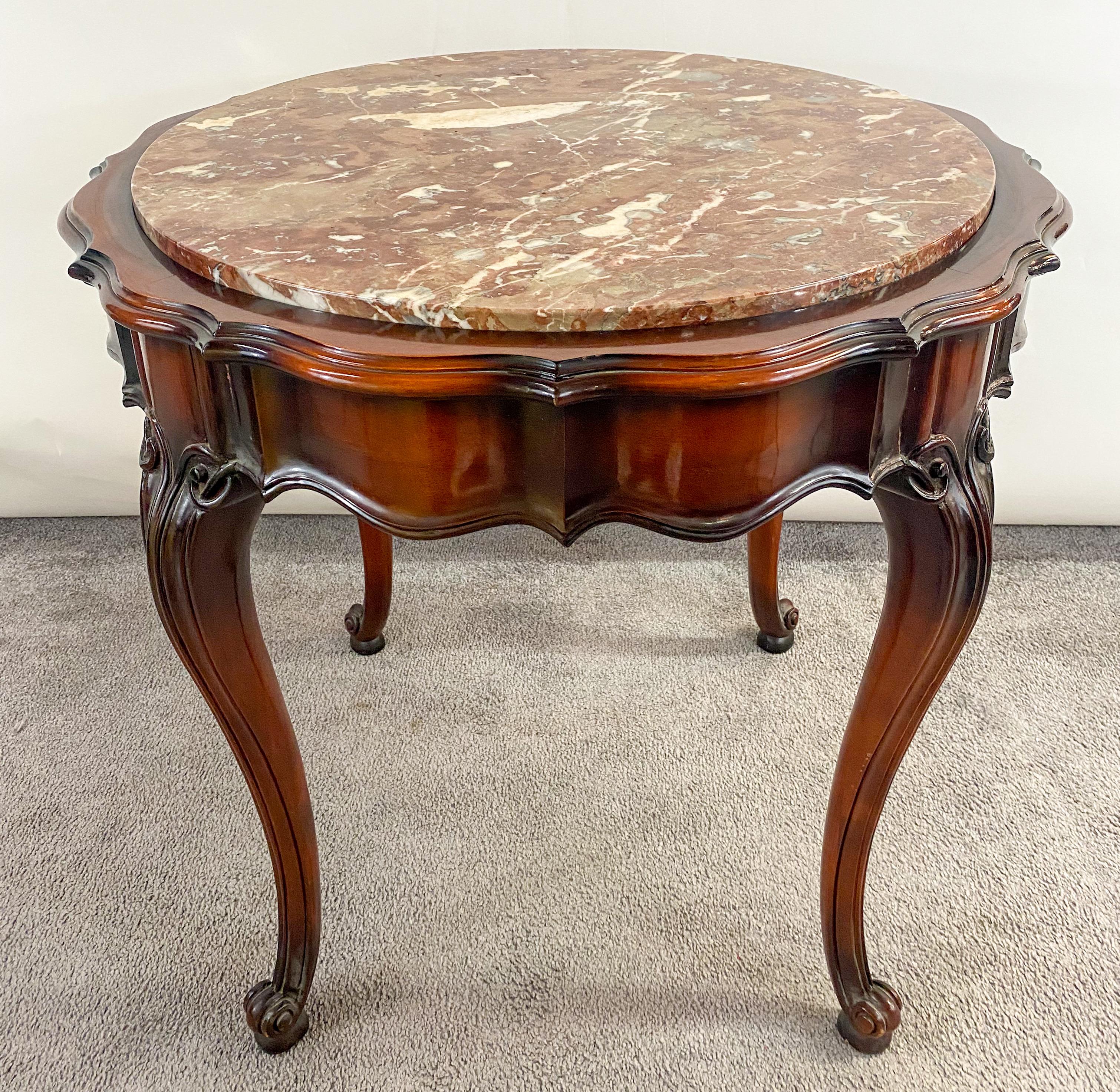 French Louis XV Style Round Mahogany and Marble Top End or Side Table, a Pair For Sale 2