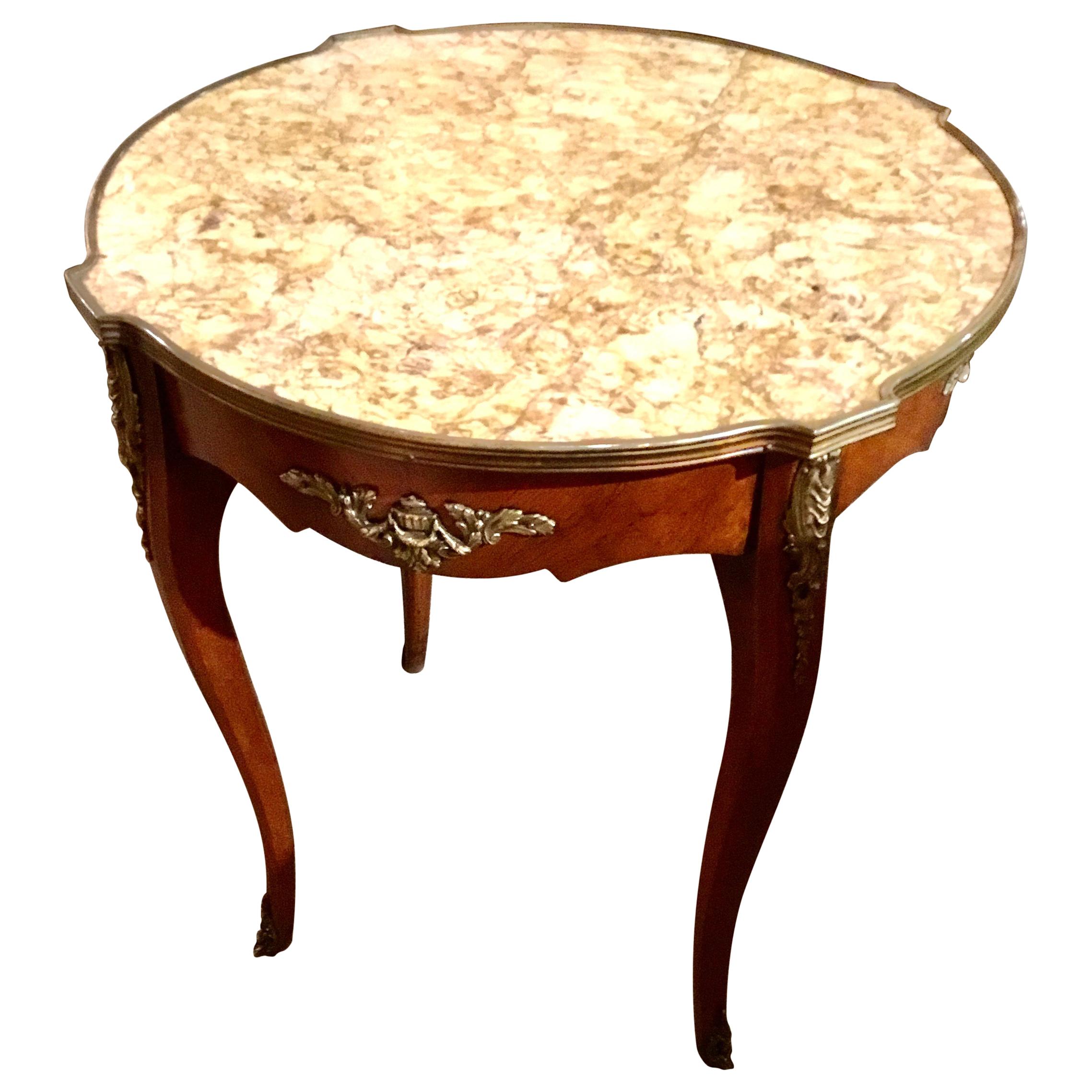 French Louis XV-Style Round Mahogany Marble-Top Table, 19th Century For Sale