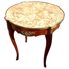 Antique French Louis XV-Style Round Mahogany Marble-Top Table, 19th Century