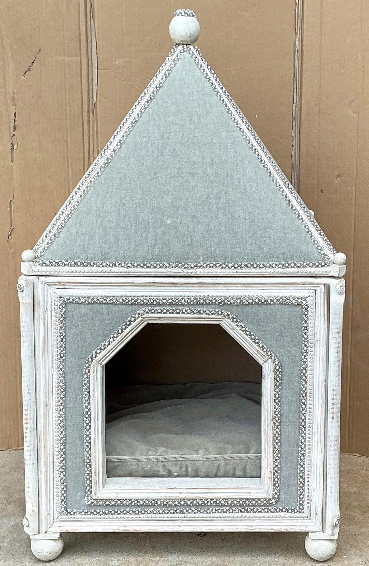 This is for your pampered pet! This is a French hand painted pet house. The house is completely lined with velvet. It has a removable down cushion. It most likely is a mid-century find. No detail spared for your precious pet! 