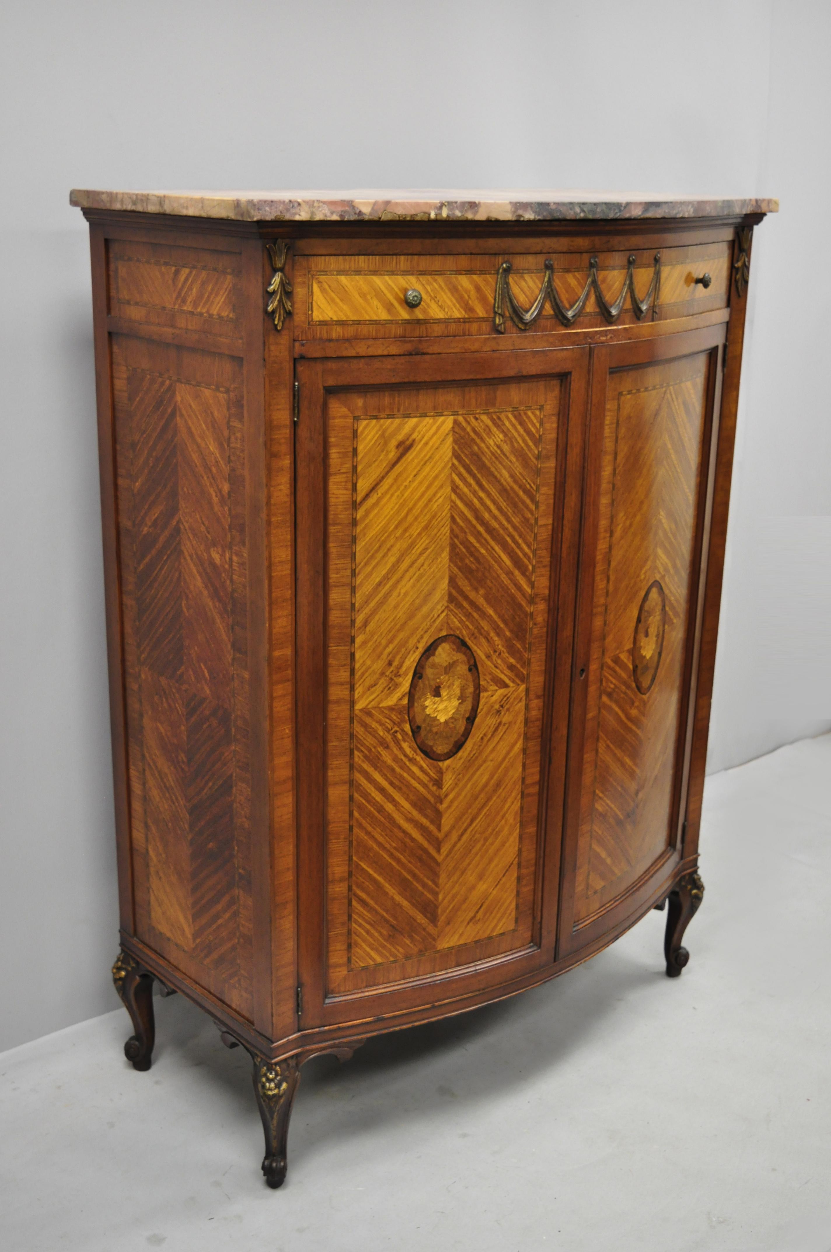 French Louis XV Style Satinwood Inlaid Pink Marble Top Tall Chest Wardrobe For Sale 8