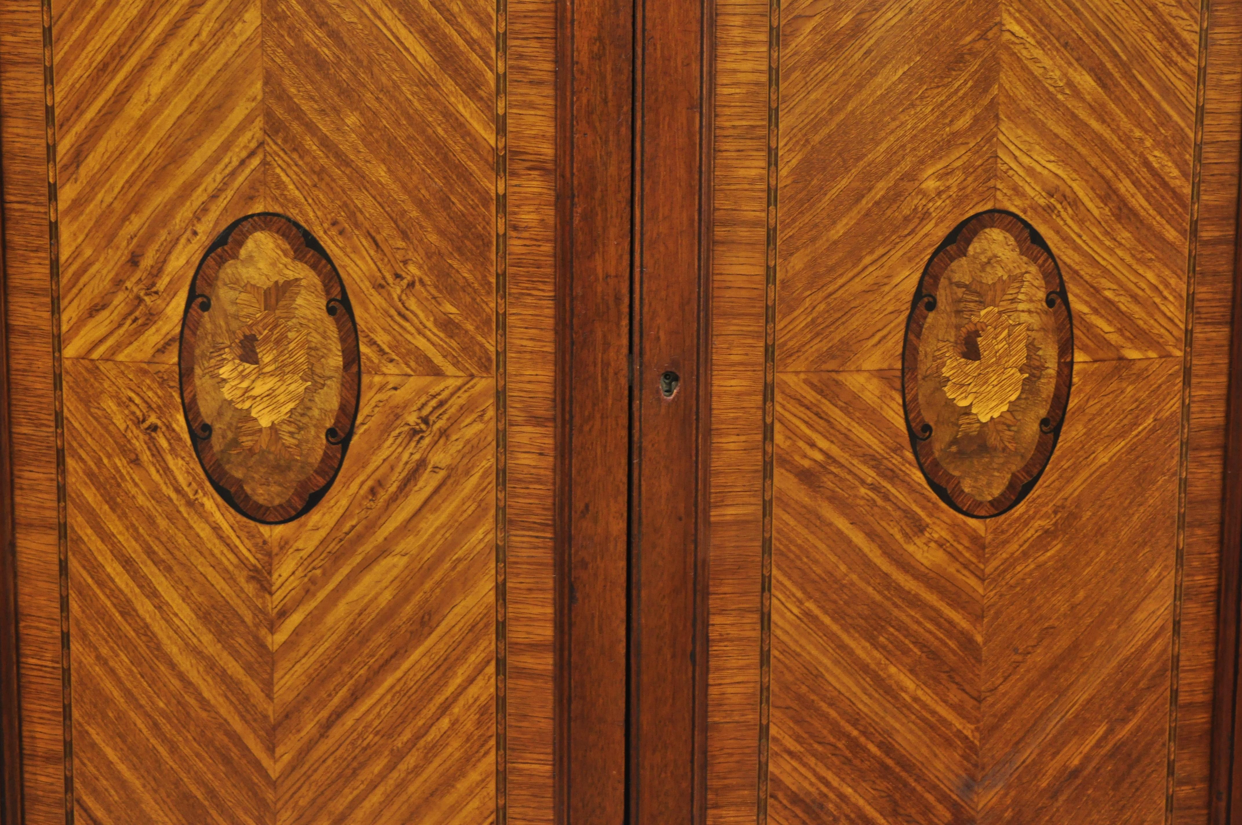 French Louis XV Style Satinwood Inlaid Pink Marble Top Tall Chest Wardrobe In Good Condition For Sale In Philadelphia, PA