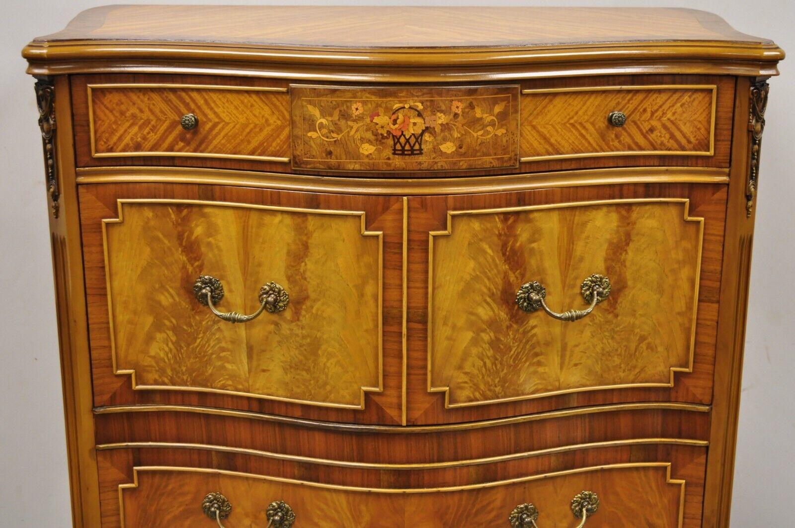 Antique French Louis XV Style satinwood serpentine highboy tall chest dresser by Joerns. Item features serpentine front, banded inlay top, floral inlay, beautiful woodgrain, nicely carved details, original label, 5 dovetailed drawers, very nice
