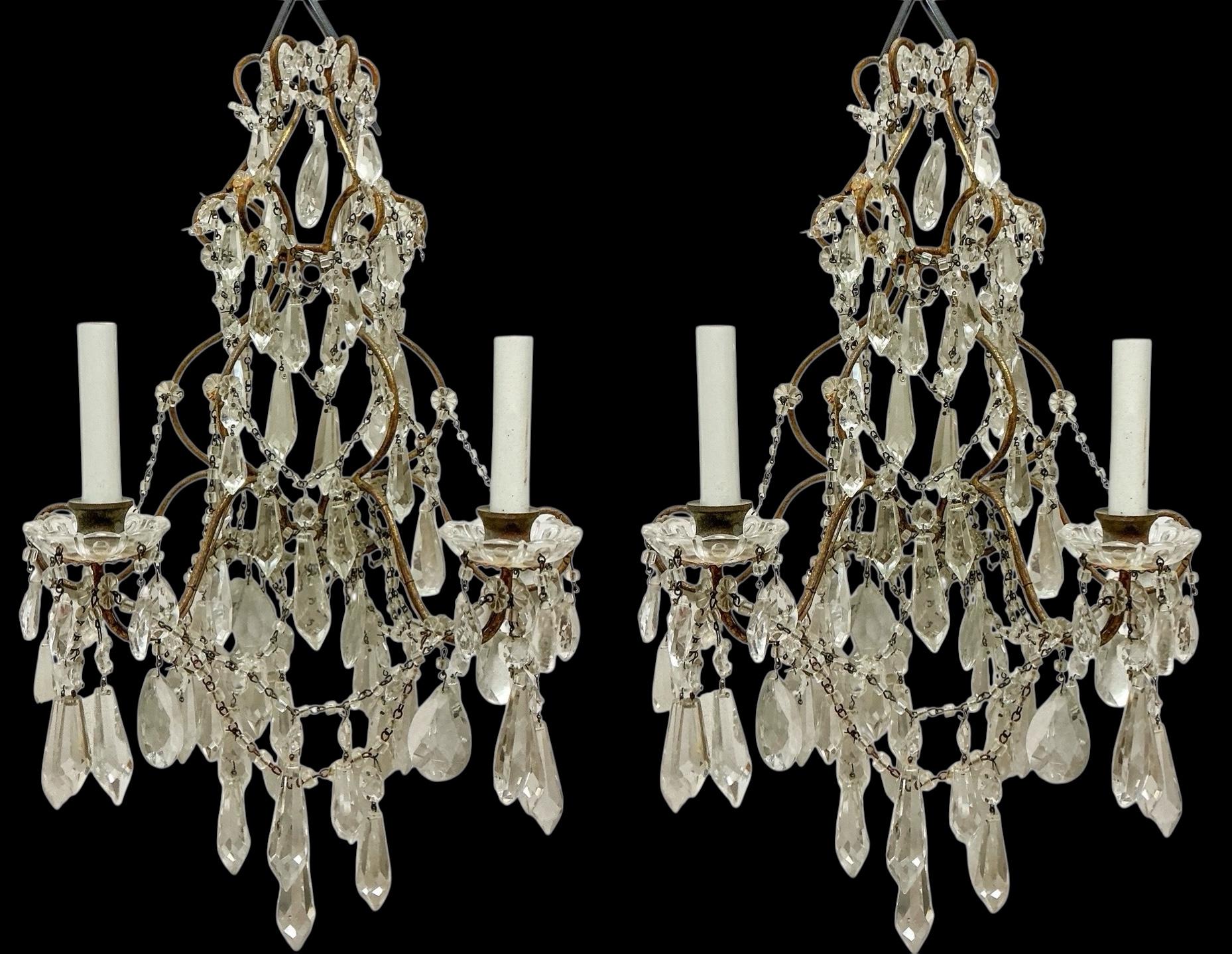 French Louis XV Style Sconces W/ Bronze, Macaroni Beads Cut Glass Prisms - Pair In Good Condition For Sale In Kennesaw, GA