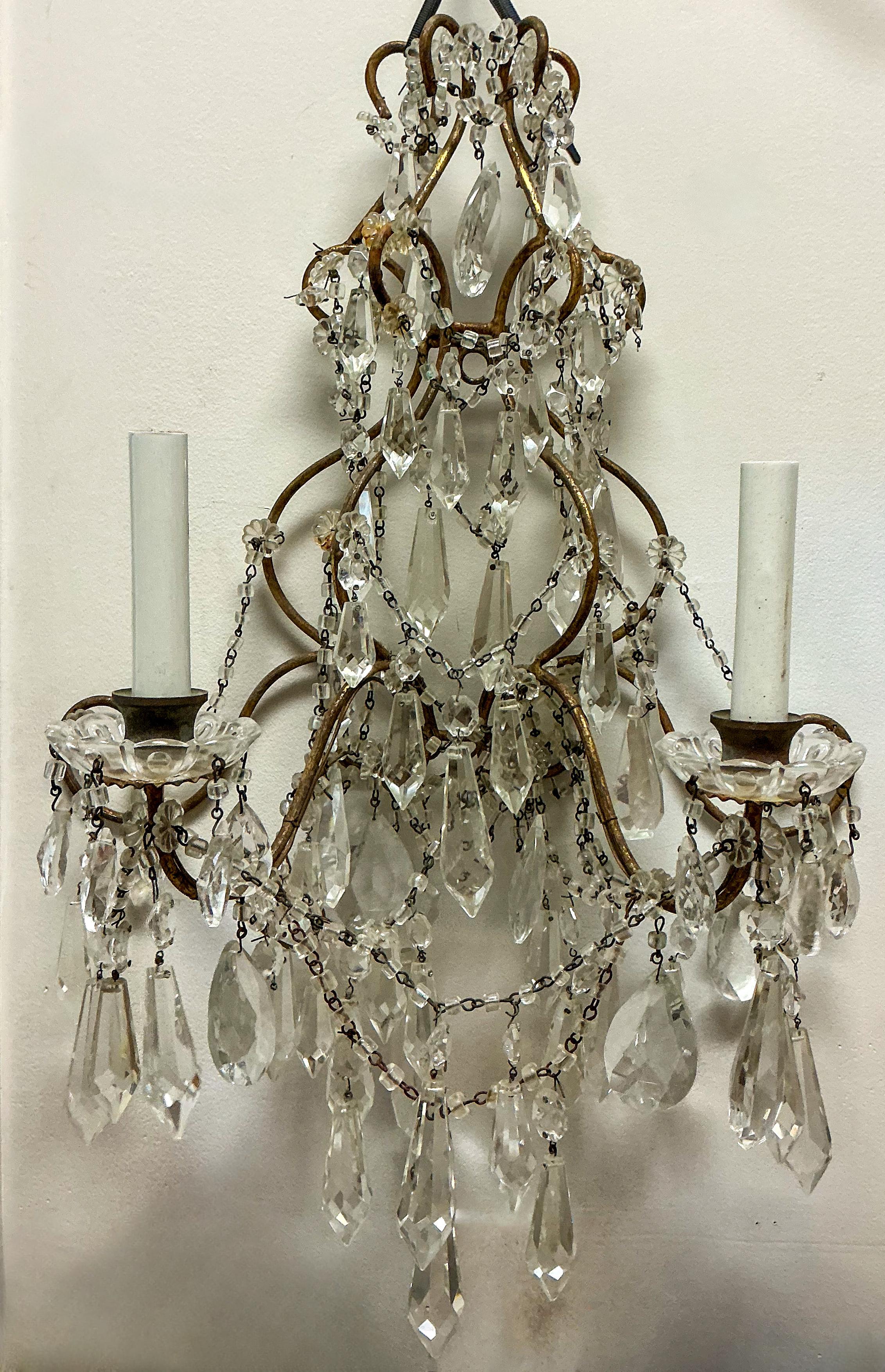 French Louis XV Style Sconces W/ Bronze, Macaroni Beads Cut Glass Prisms - Pair For Sale 2