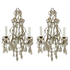 French Louis XV Style Sconces W/ Bronze, Macaroni Beads Cut Glass Prisms - Pair