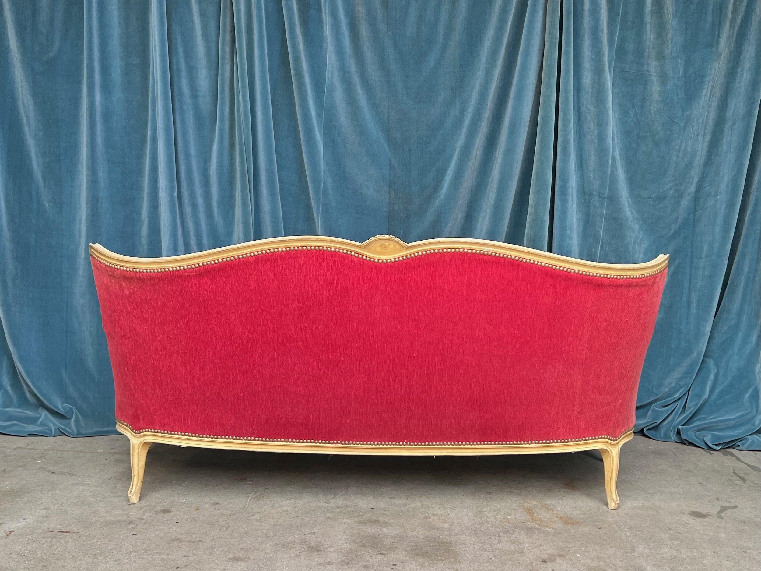 Fabric French Louis XV Style Settee in Red Velvet For Sale