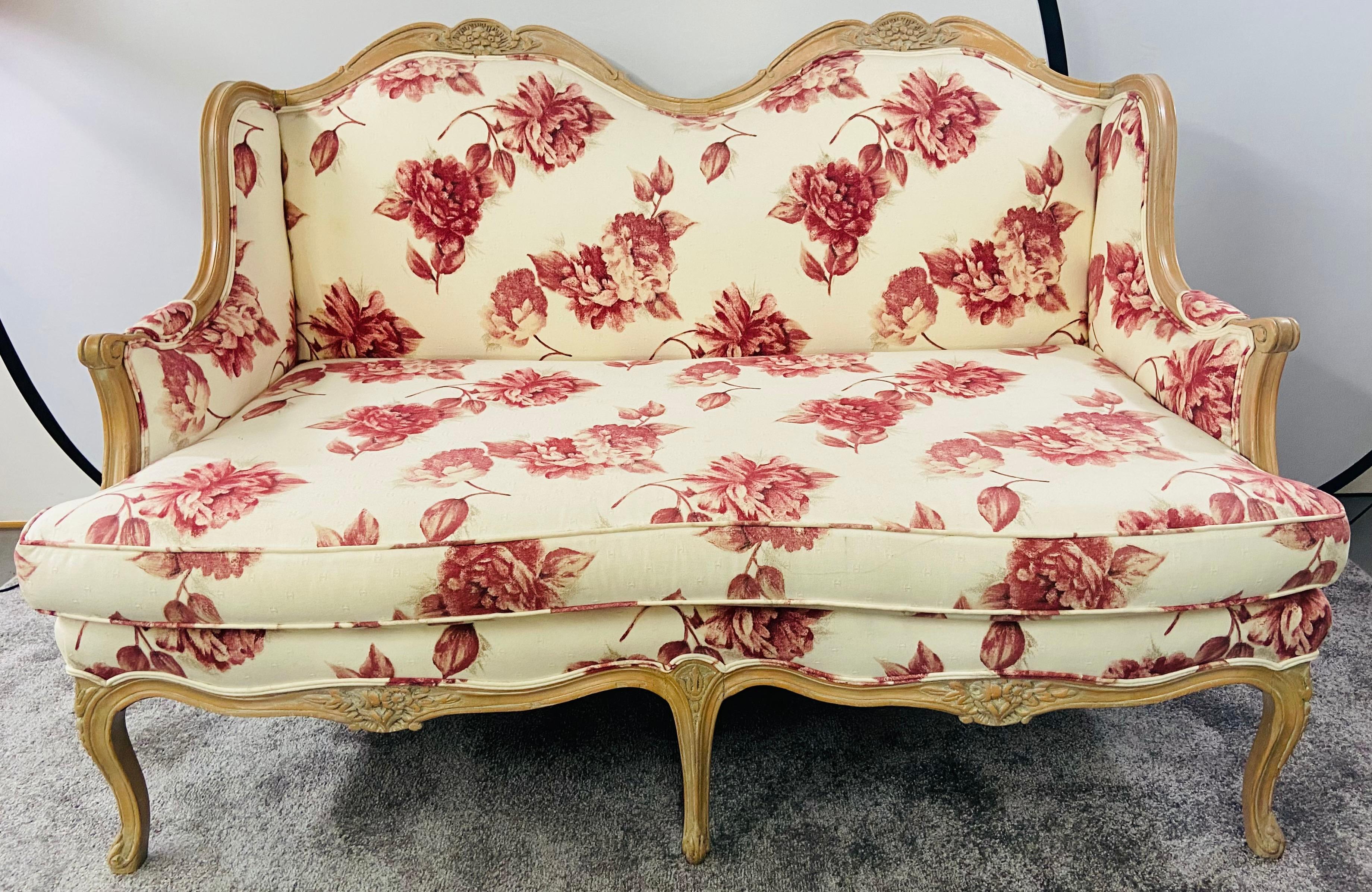 20th Century French Louis XV Style Settee or Canape with Floral Upholstery in Red & White For Sale