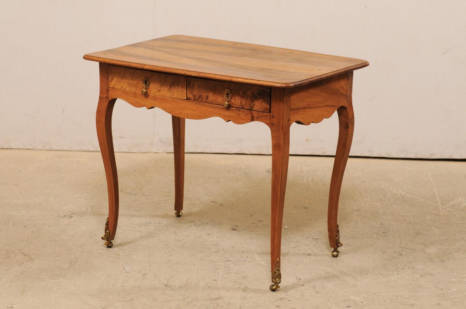 19th Century French Louis XV Style Side Table w/ Brass Embellishments and Petite Caster Feet