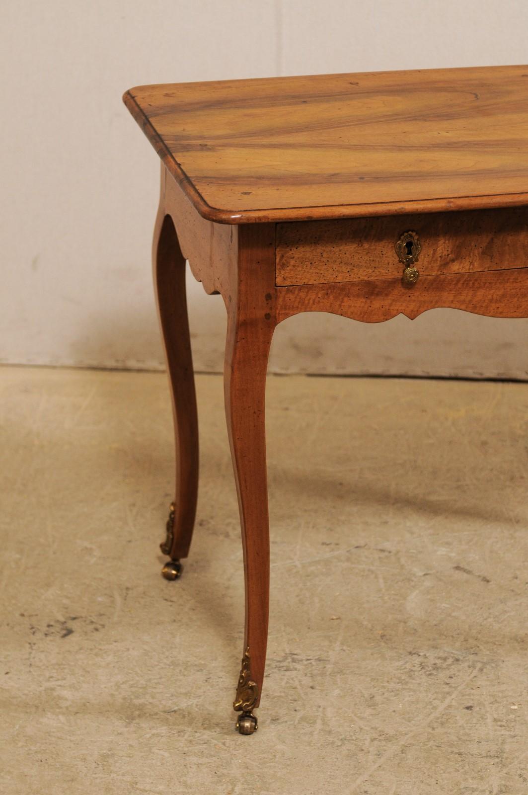 Wood French Louis XV Style Side Table w/ Brass Embellishments and Petite Caster Feet