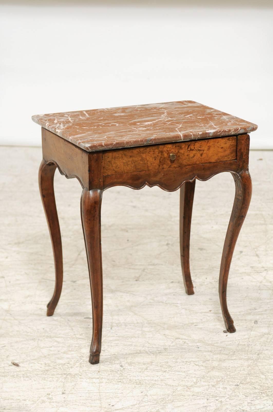 18th Century French Louis XV Style Side Table with Red Marble Top and Single Drawer