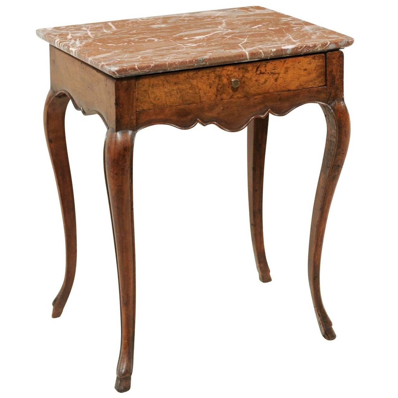 French Louis XV Style Side Table with Red Marble Top and Single Drawer