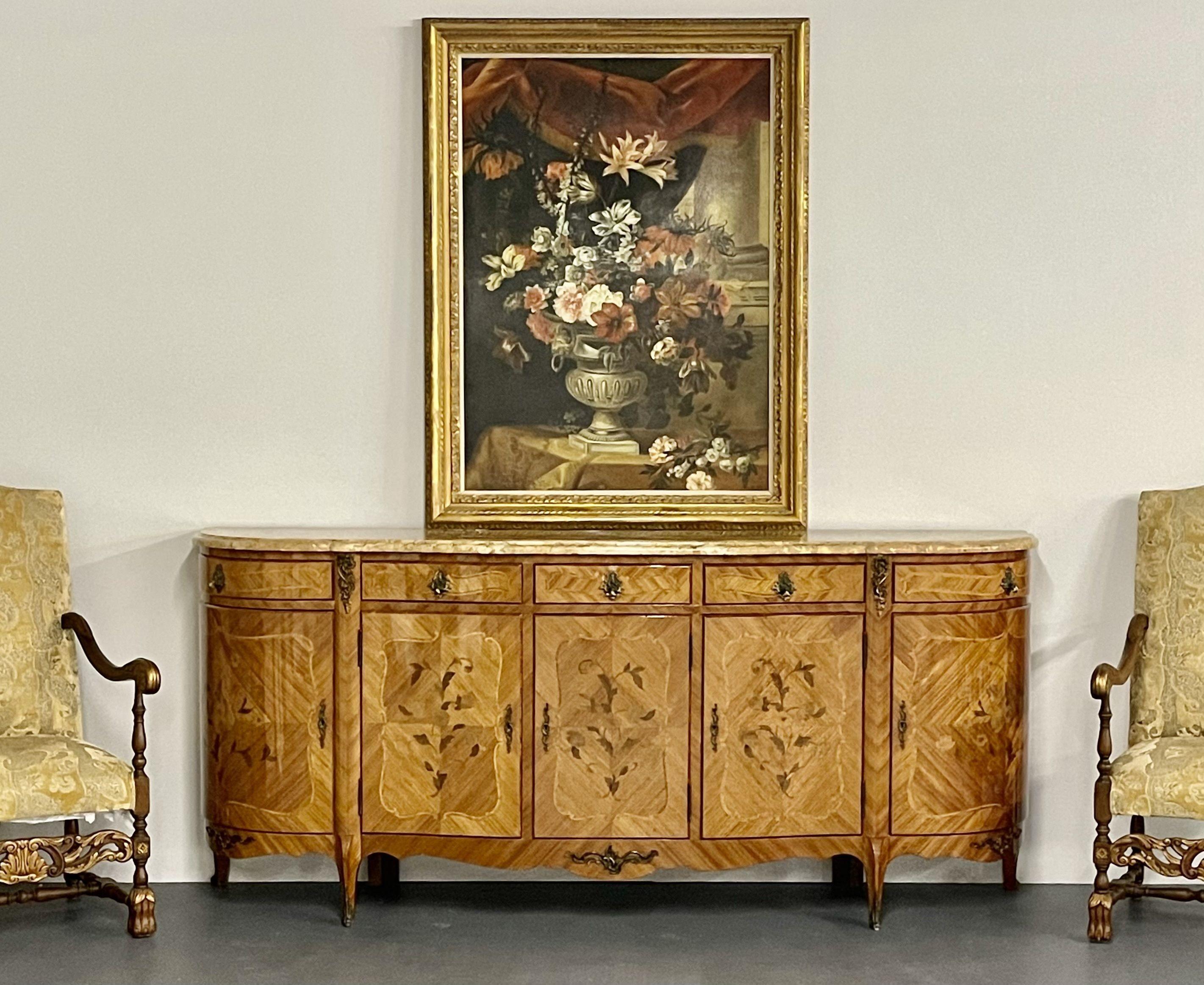 French Louis XV Style Sideboard, Inlaid, Marble Top, Monumental, Bronze Mounted 7