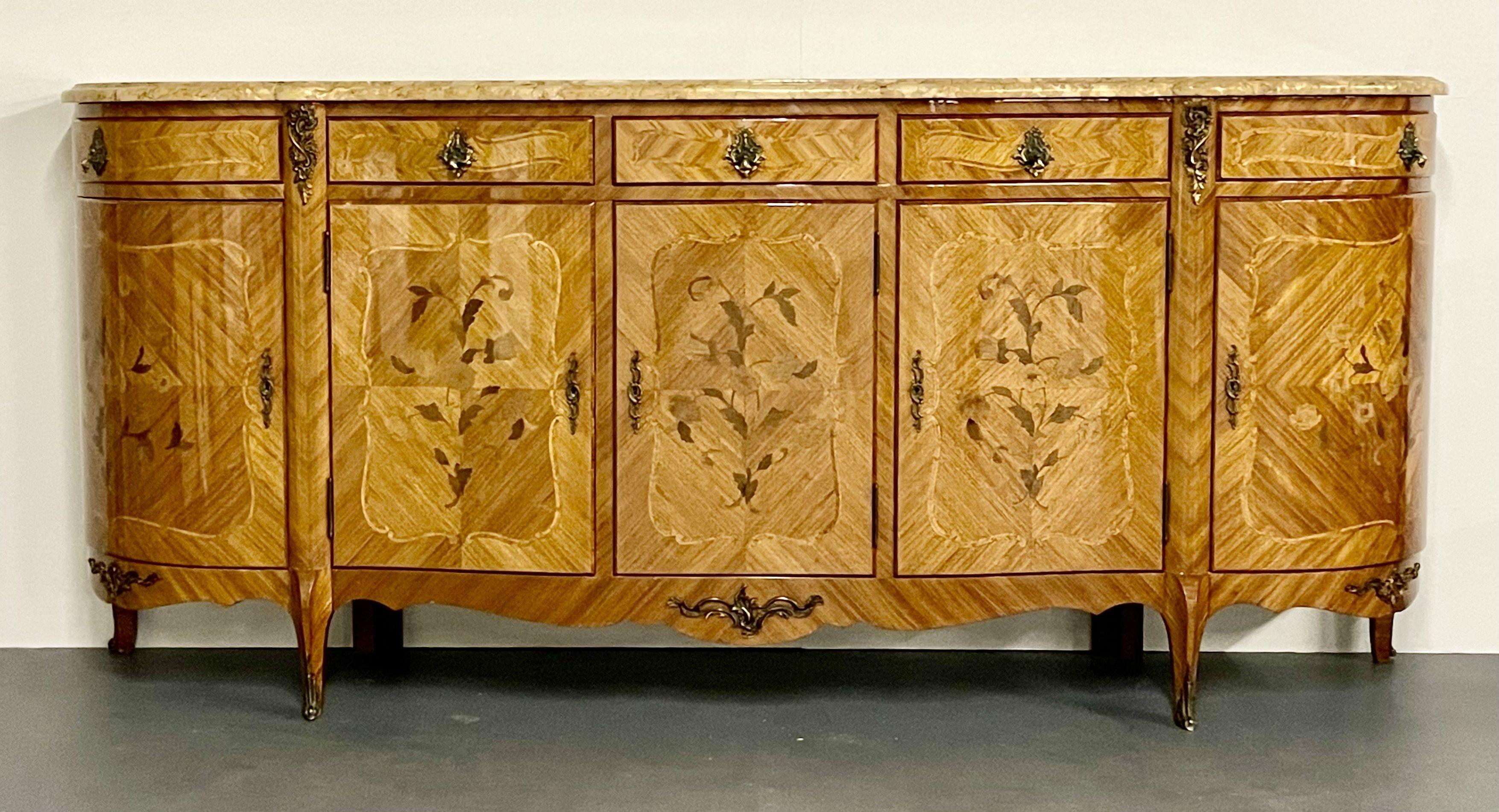 French Louis XV Style Sideboard, Inlaid, Marble Top, Monumental, Bronze Mounted In Good Condition In Stamford, CT