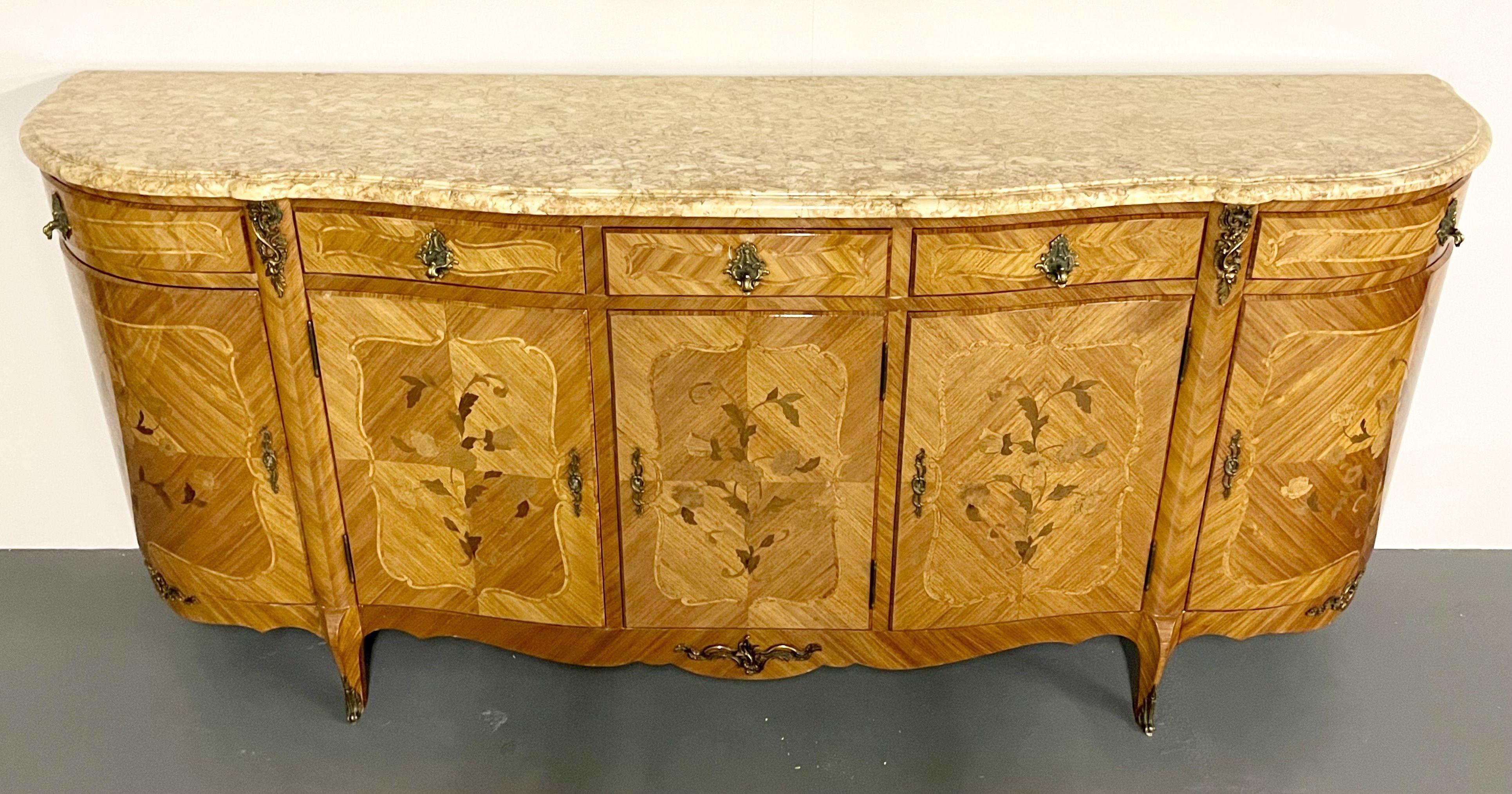 20th Century French Louis XV Style Sideboard, Inlaid, Marble Top, Monumental, Bronze Mounted