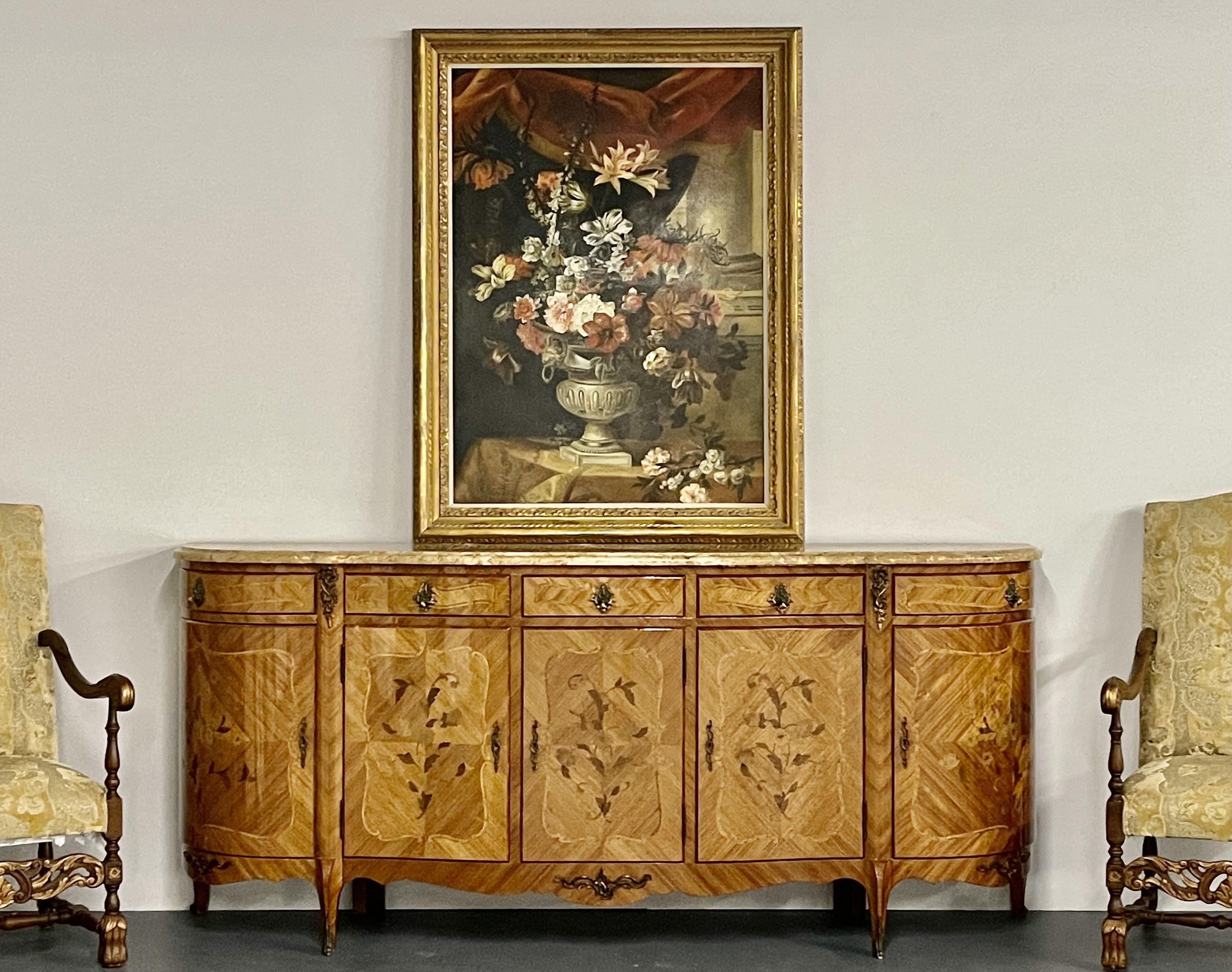 Breccia Marble French Louis XV Style Sideboard, Inlaid, Marble Top, Monumental, Bronze Mounted