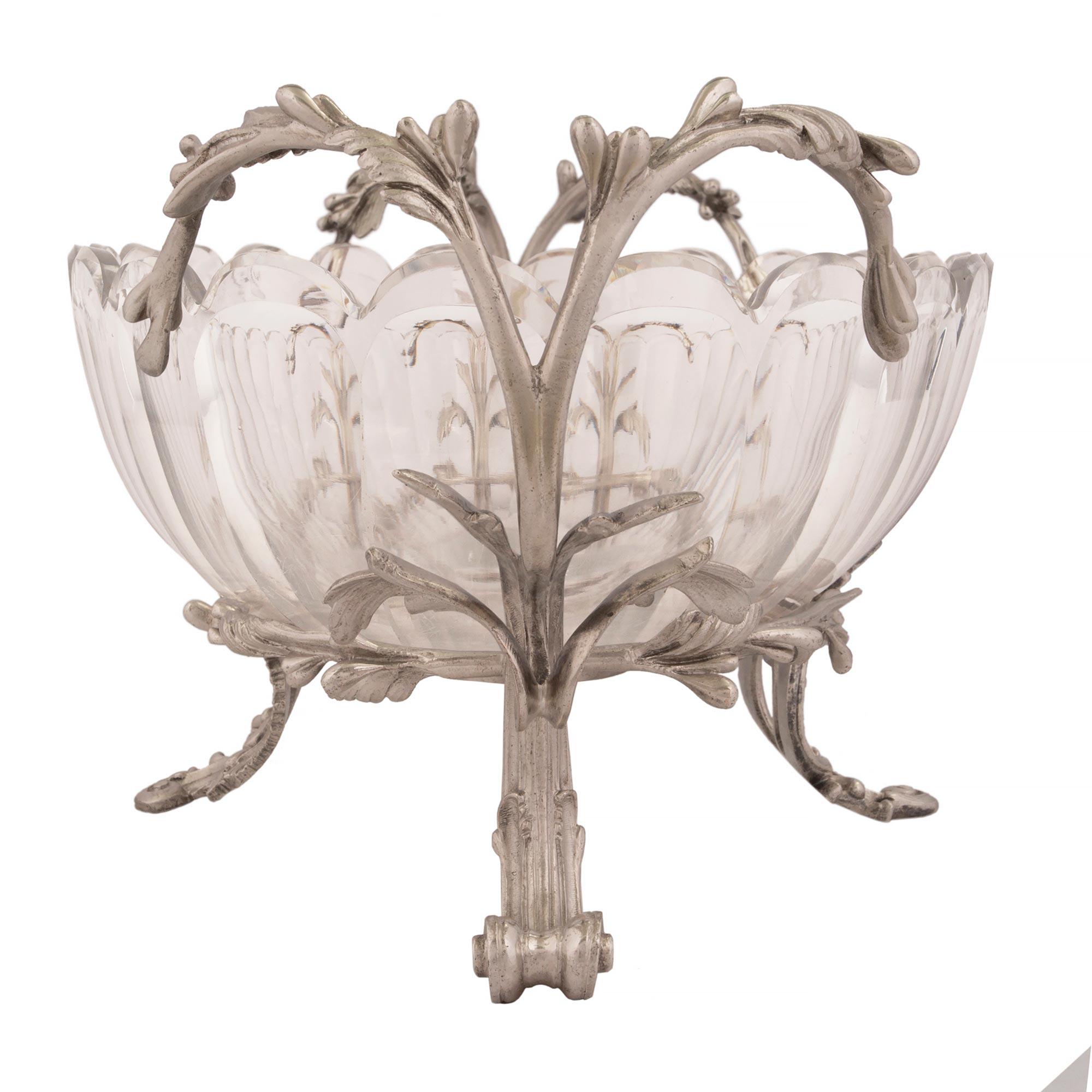 19th Century French Louis XV Style Silvered Bronze and Baccarat Crystal Centerpiece For Sale