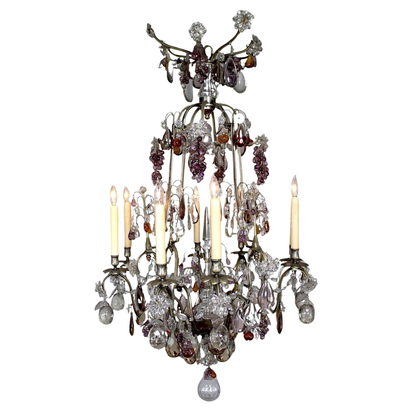 French Louis XV Style Silvered-Bronze & Cut-Glass Chandelier with Grapes & Fruit For Sale