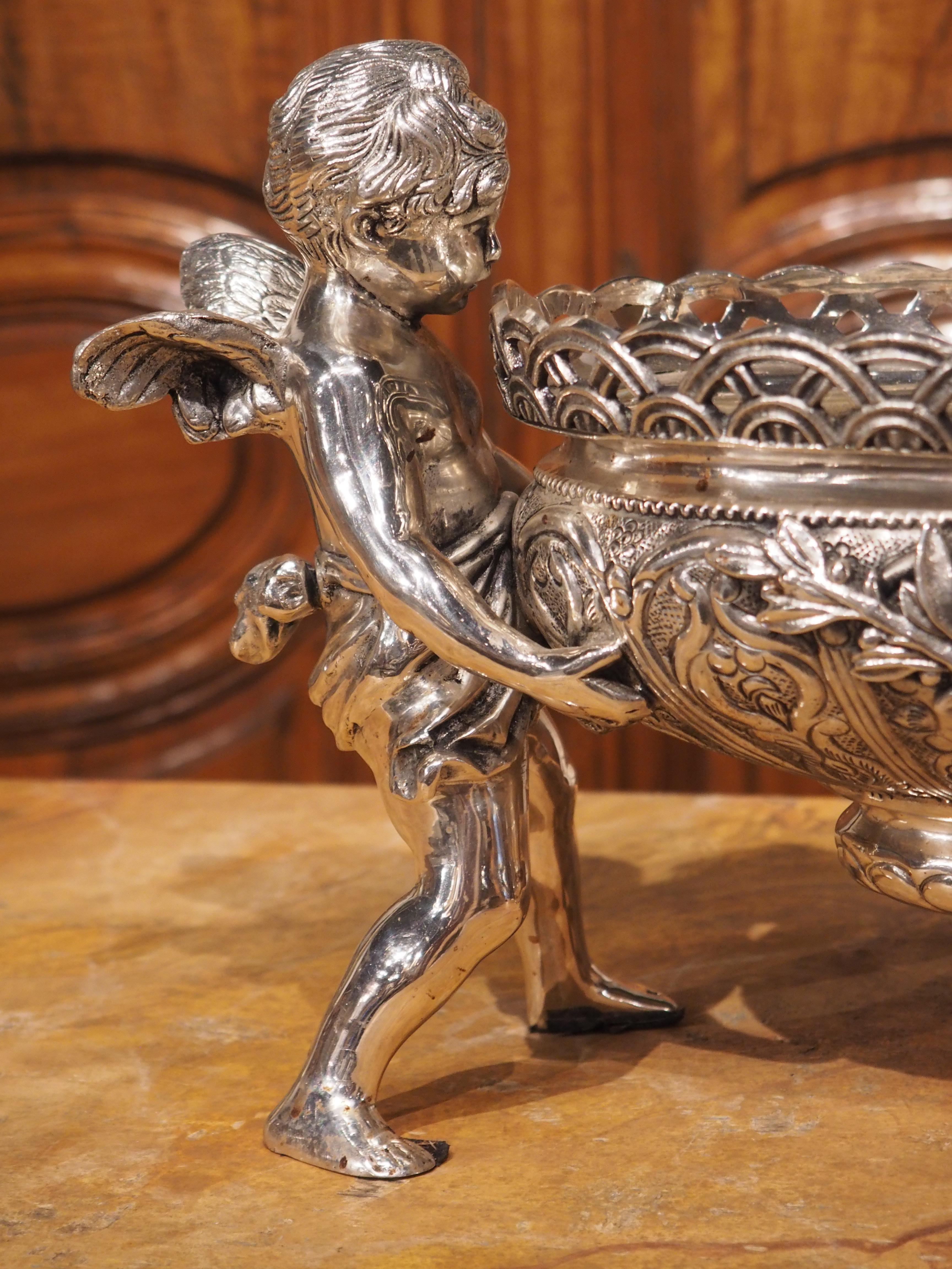 French Louis XV Style Silvered Bronze Jardiniere, Putti Supports, Early 20th C. In Good Condition In Dallas, TX