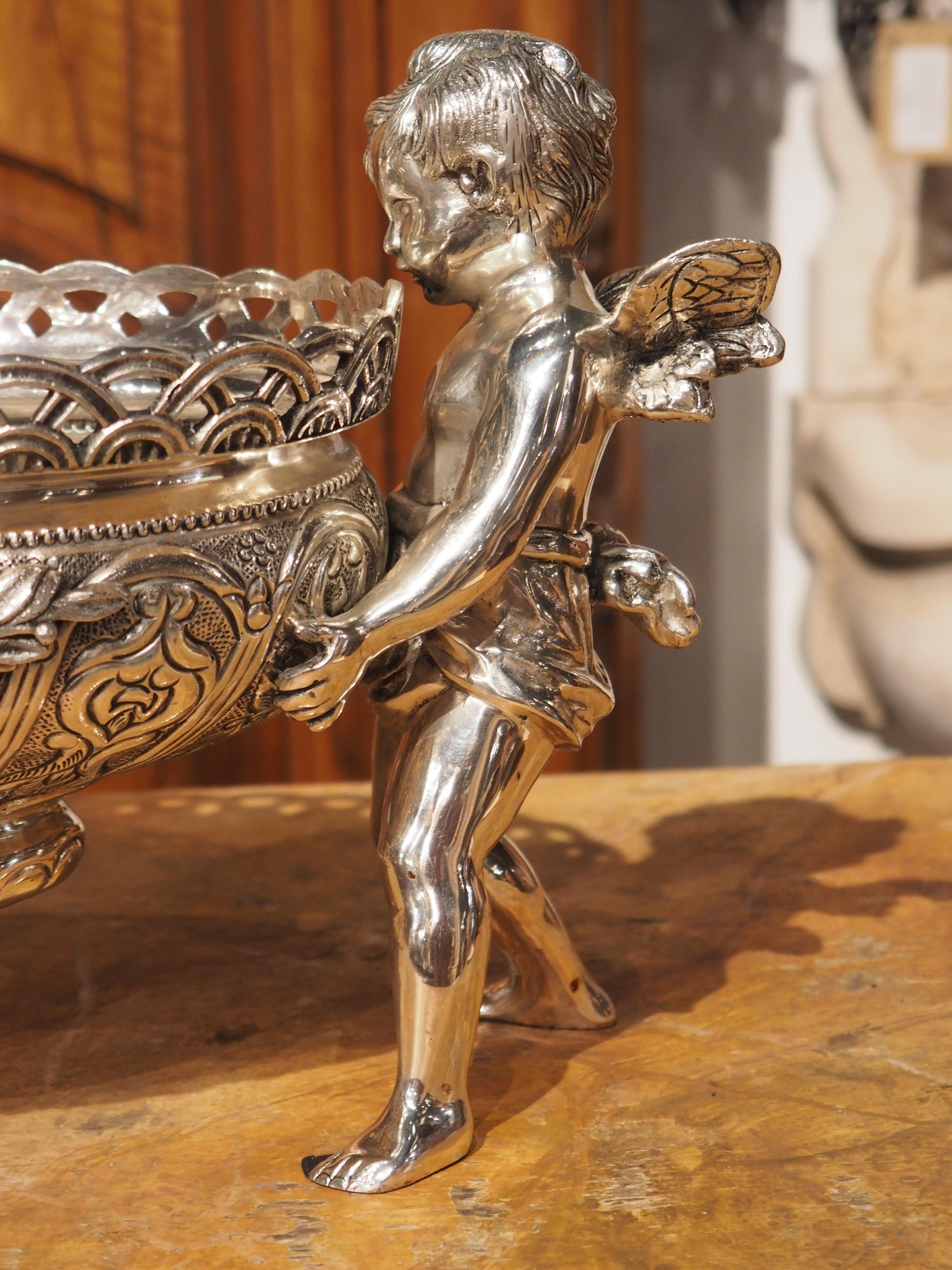 20th Century French Louis XV Style Silvered Bronze Jardiniere, Putti Supports, Early 20th C.