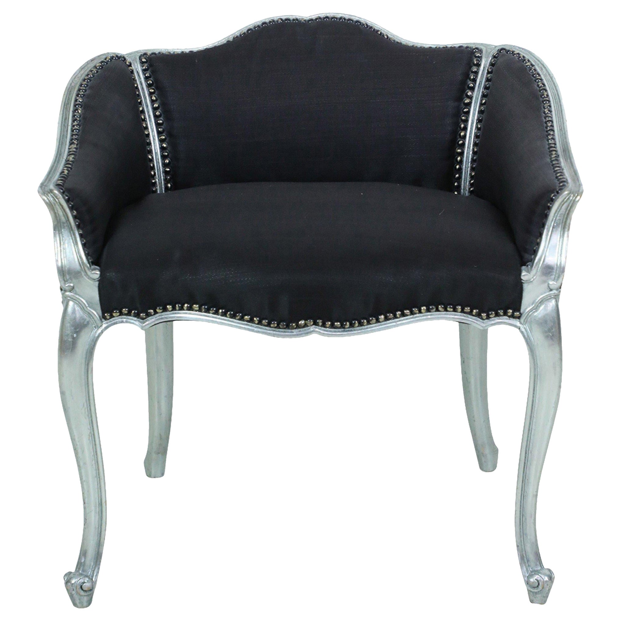 Silla de tocador francesa con respaldo bajo plateado estilo Luis XV en venta